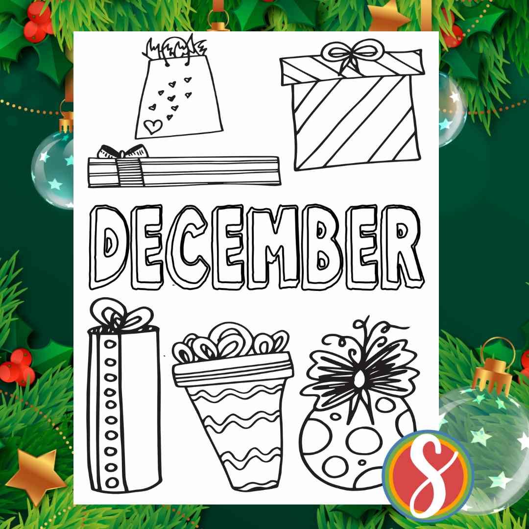 colorable word "December" in the center between lots of colorable gifts