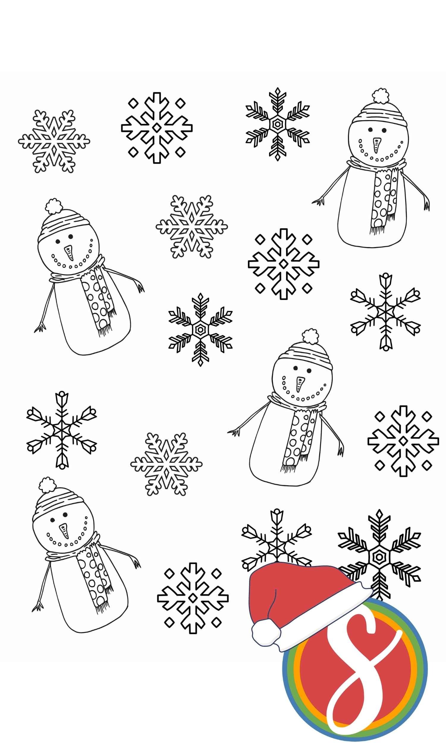 small snowmen and snowflakes in a collage to color