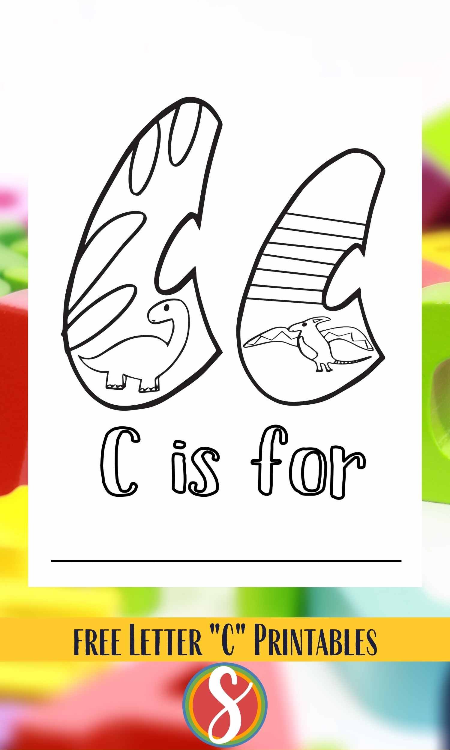 bubble letter c's, one big one little, with little simple dinosaurs drawn inside to color