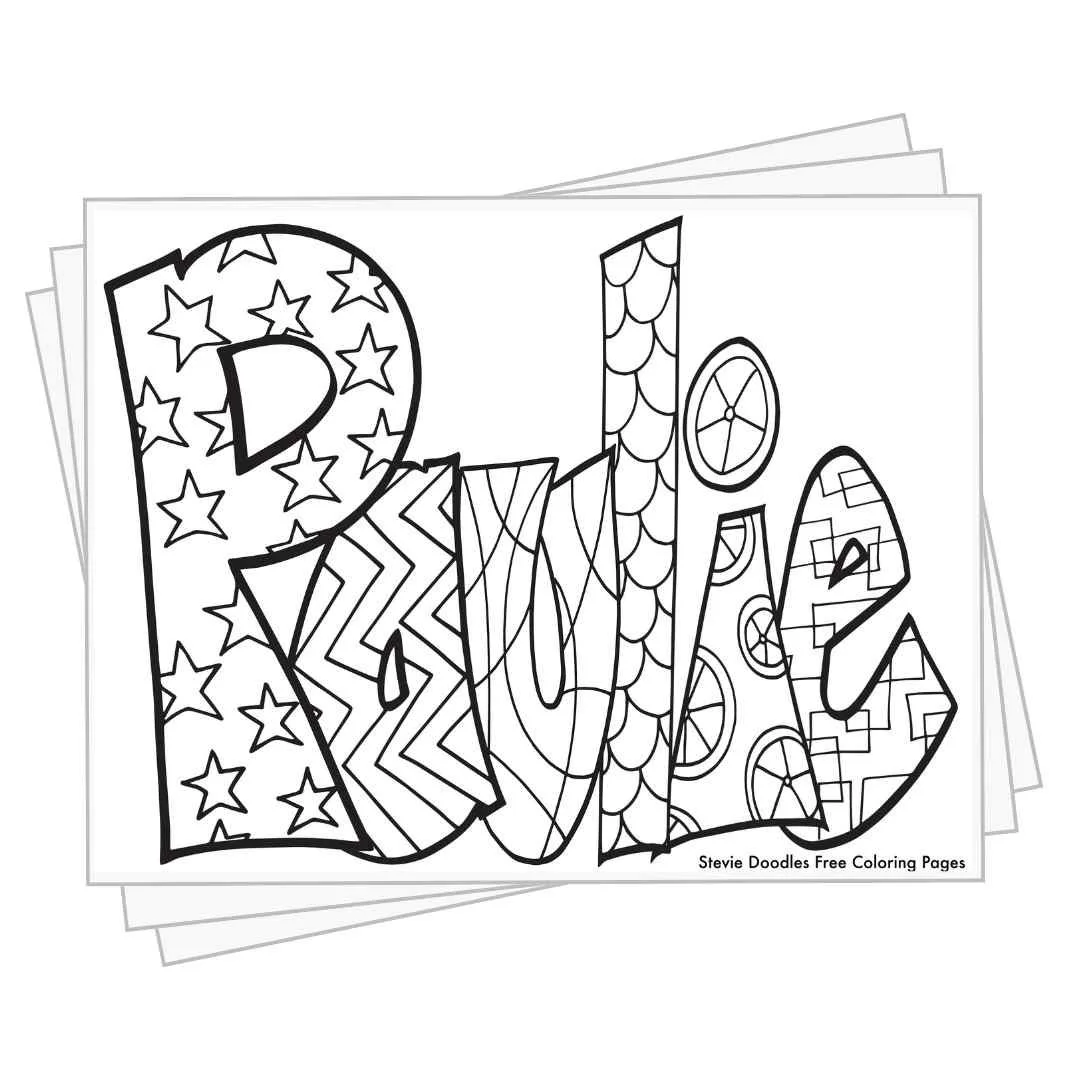 bubble letters "Paulie" with doodles inside to color