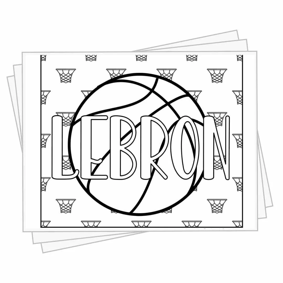 bubble letters "Lebron" with basketball elements to color behind