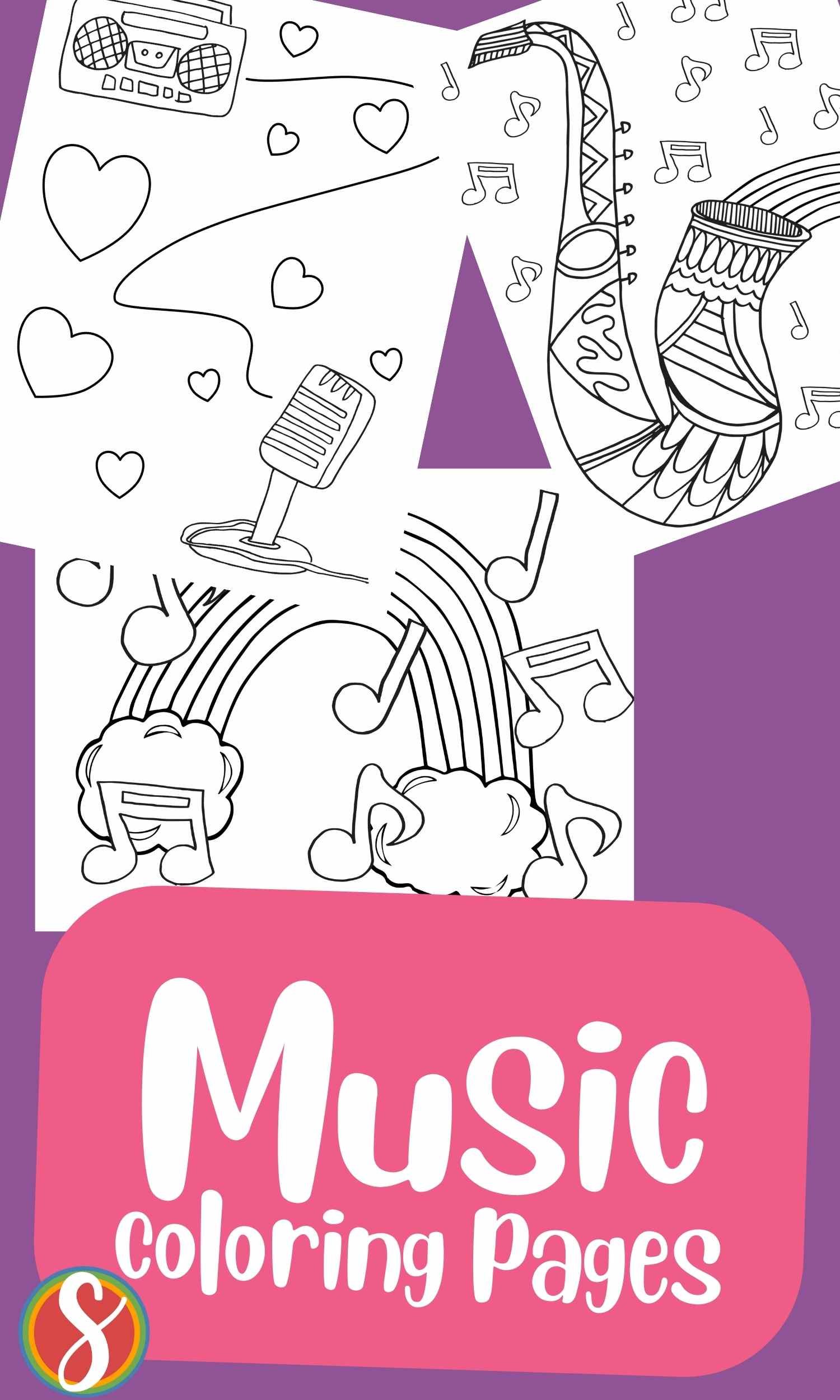 collage of 3 music coloring pages