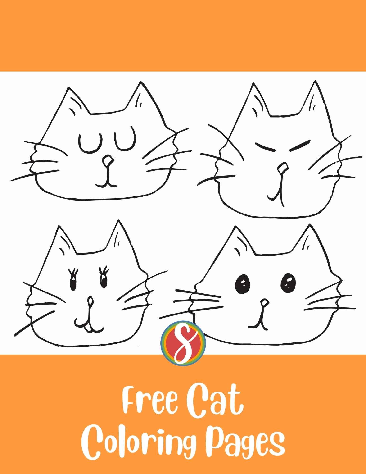 4 simple faces of cats coloring page