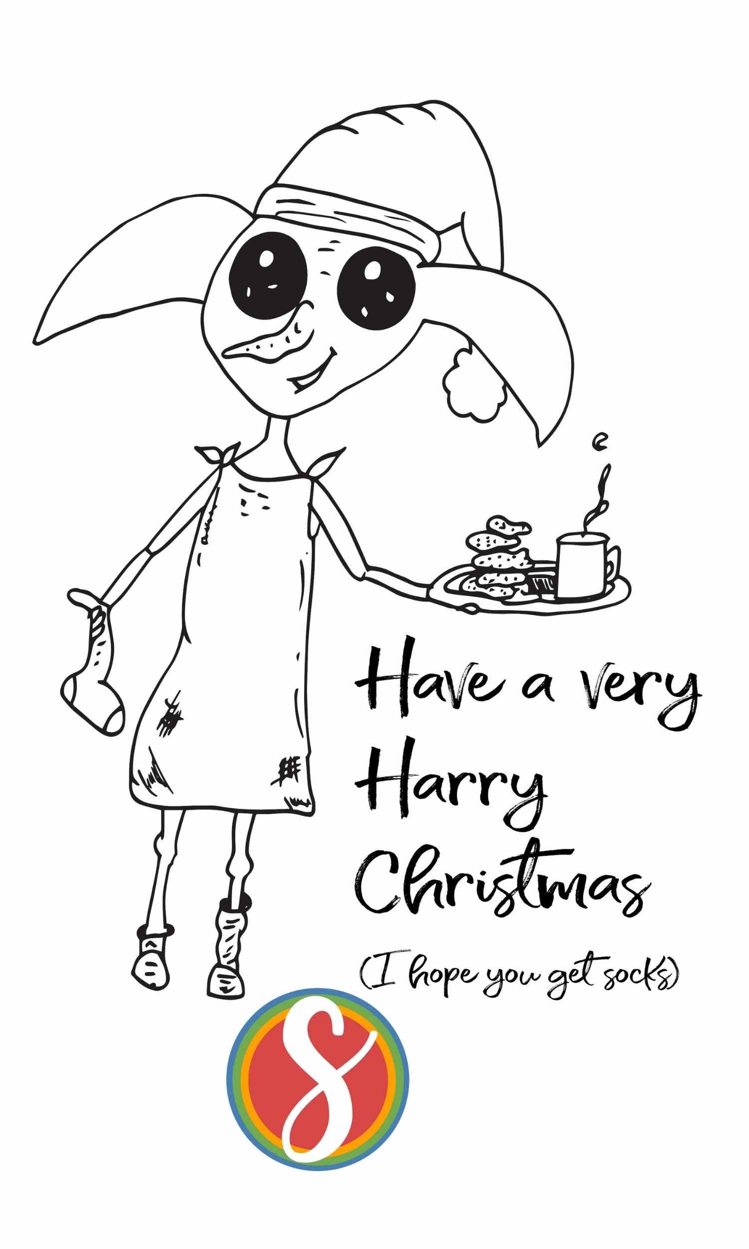 text reads "Have a very Harry Christmas" and has a colorable image of Dobby the house elf holding a  sock and a tray of cocoa and cookies