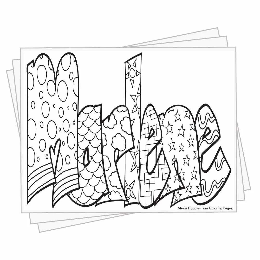 bubble letters "Marlene" with doodles inside to color