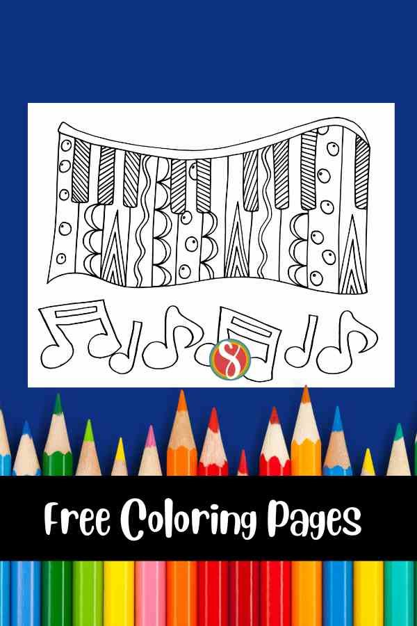 piano drawing with keys full of doodles to color and a line of musical notes underneath