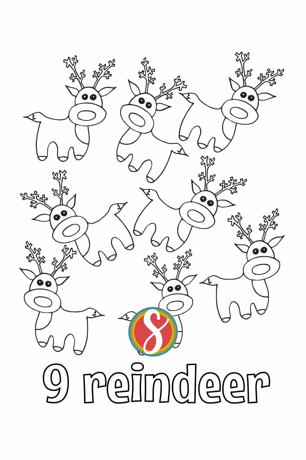 9 reindeer to color and colorable text "9 reindeer"