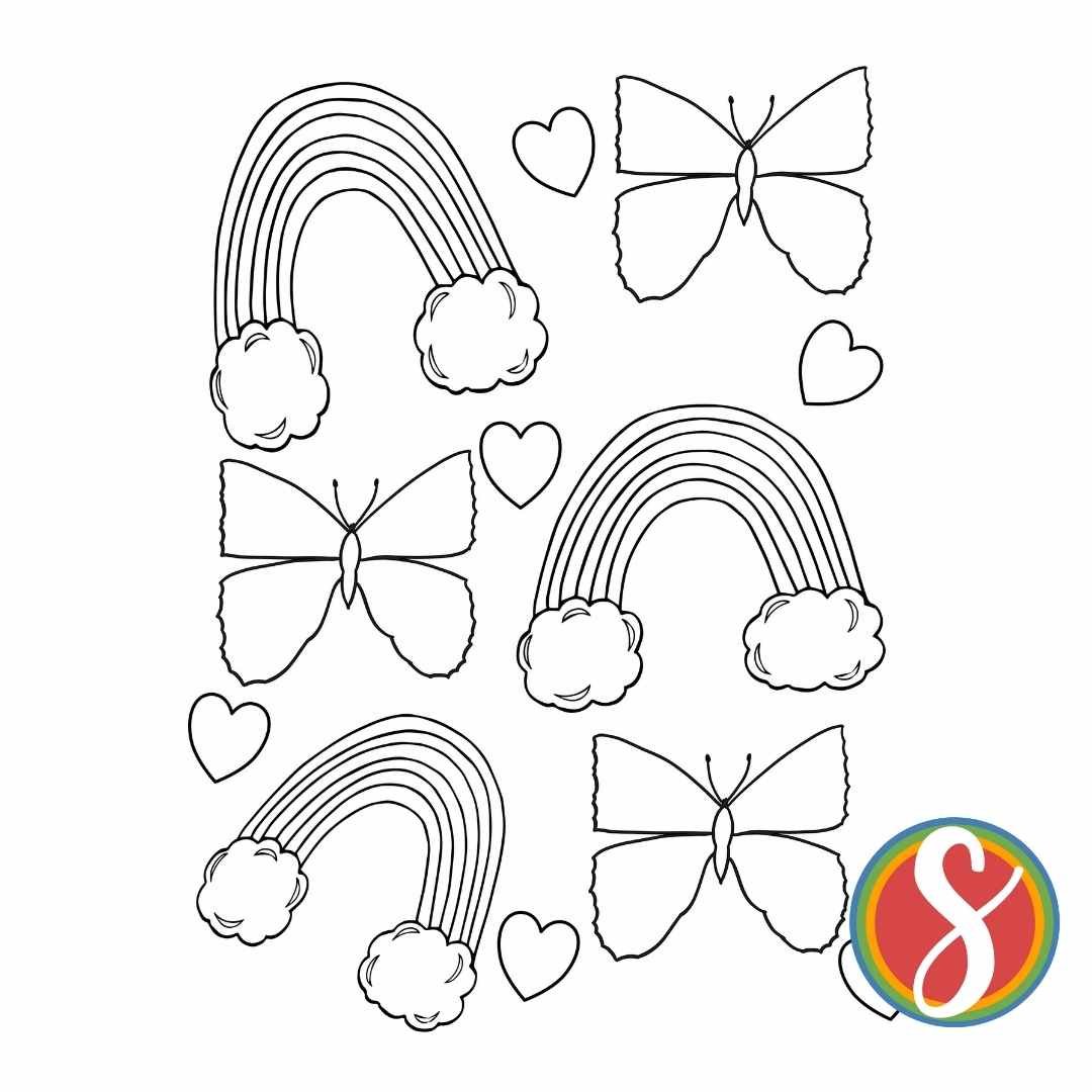 3 rainbows, 3 butterflies, and assorted small hearts in this coloring page