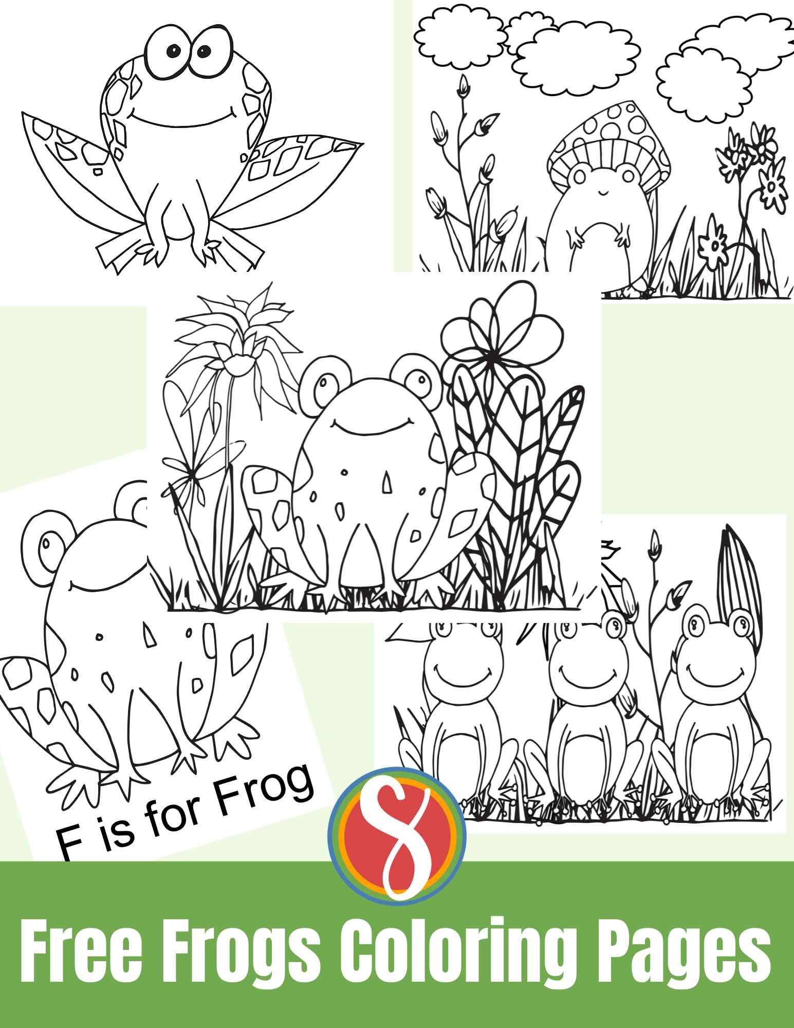a collage of frog coloring pages, simple drawings