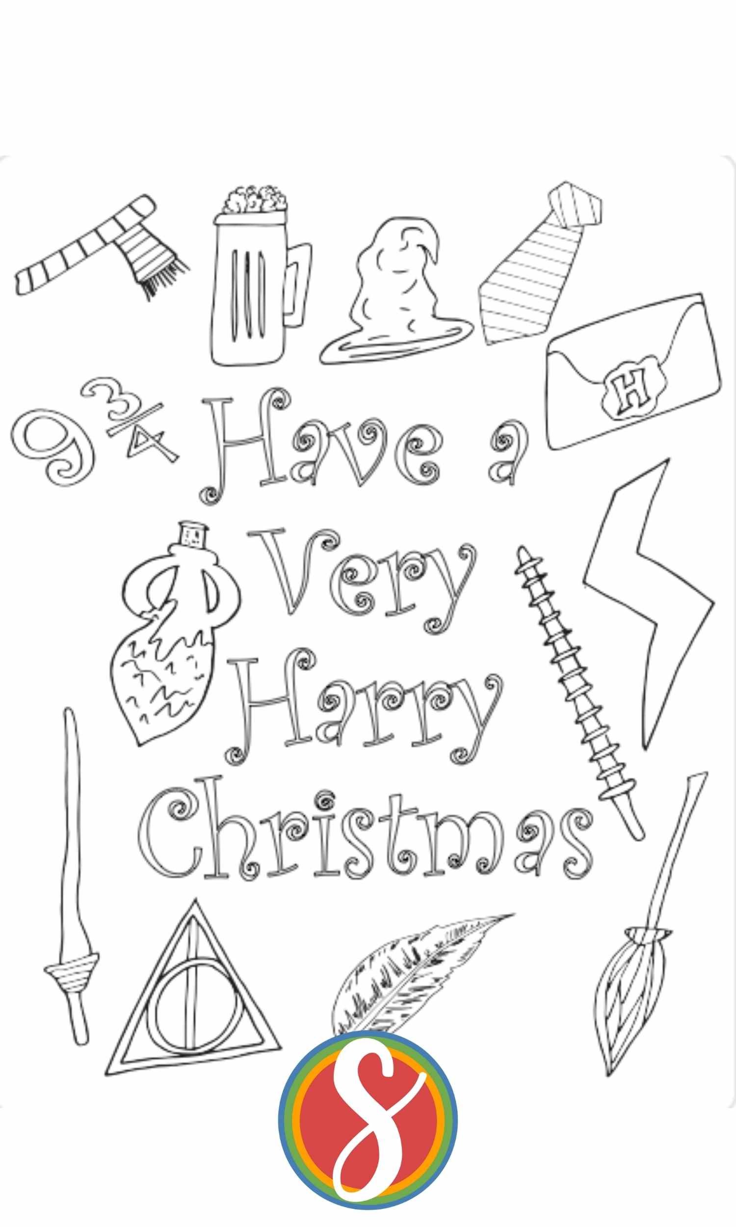 colorable words "have a very Harry Christmas" with Harry Potter images all around to color