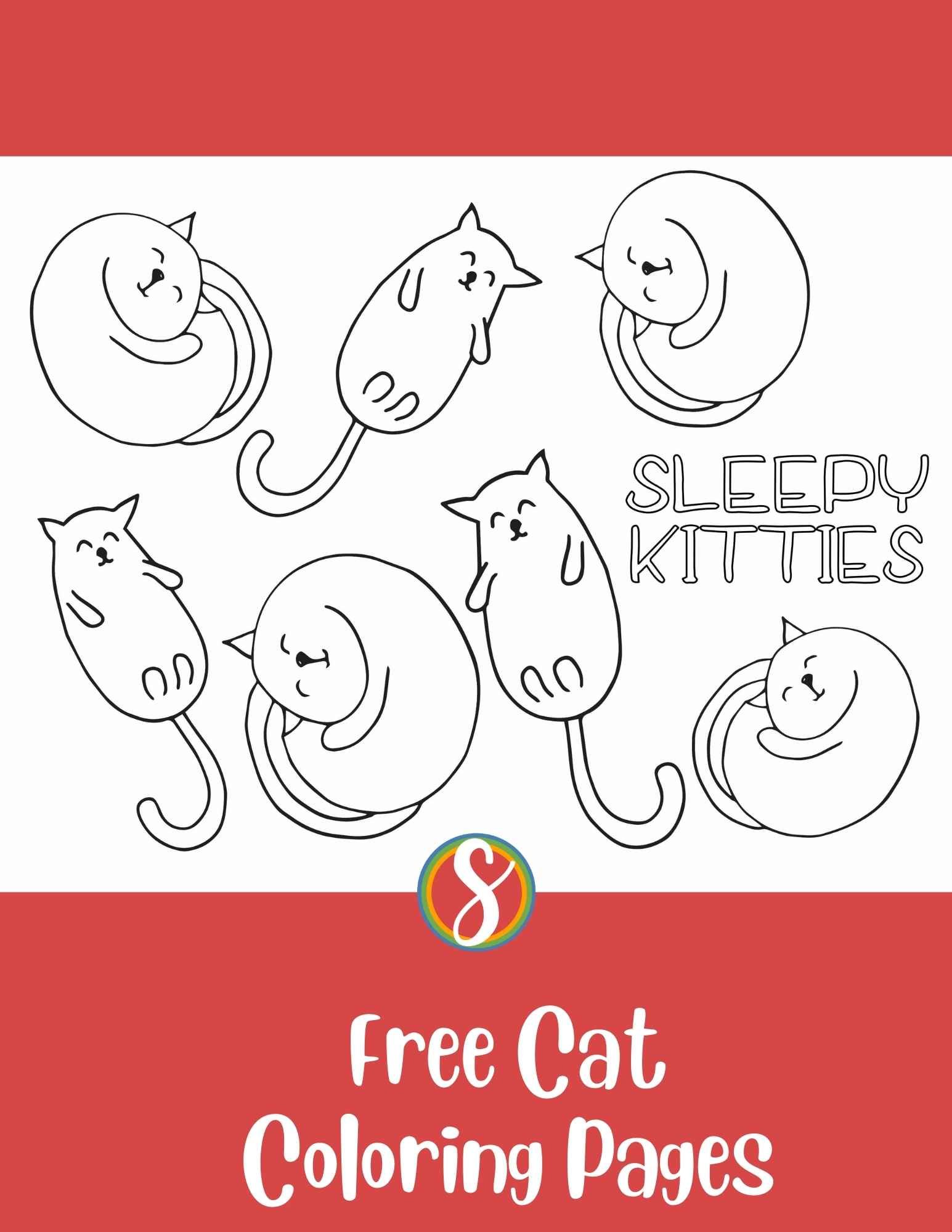 7 sleeping kitties on a cat coloring page