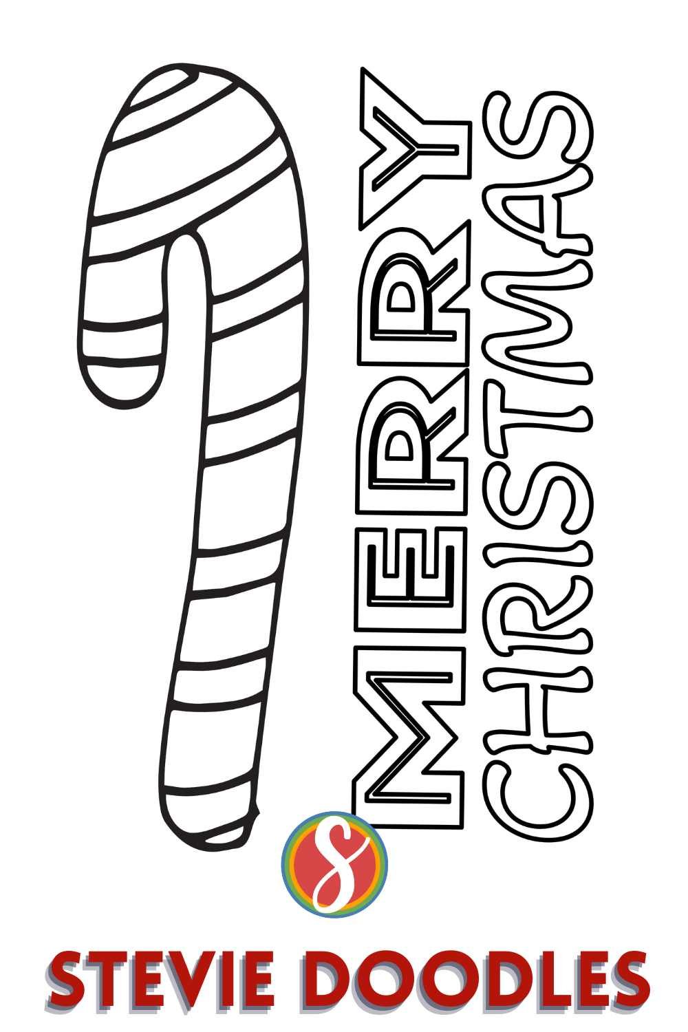 coloring page with big candy cane on the left, "Merry Christmas" colorable on the right