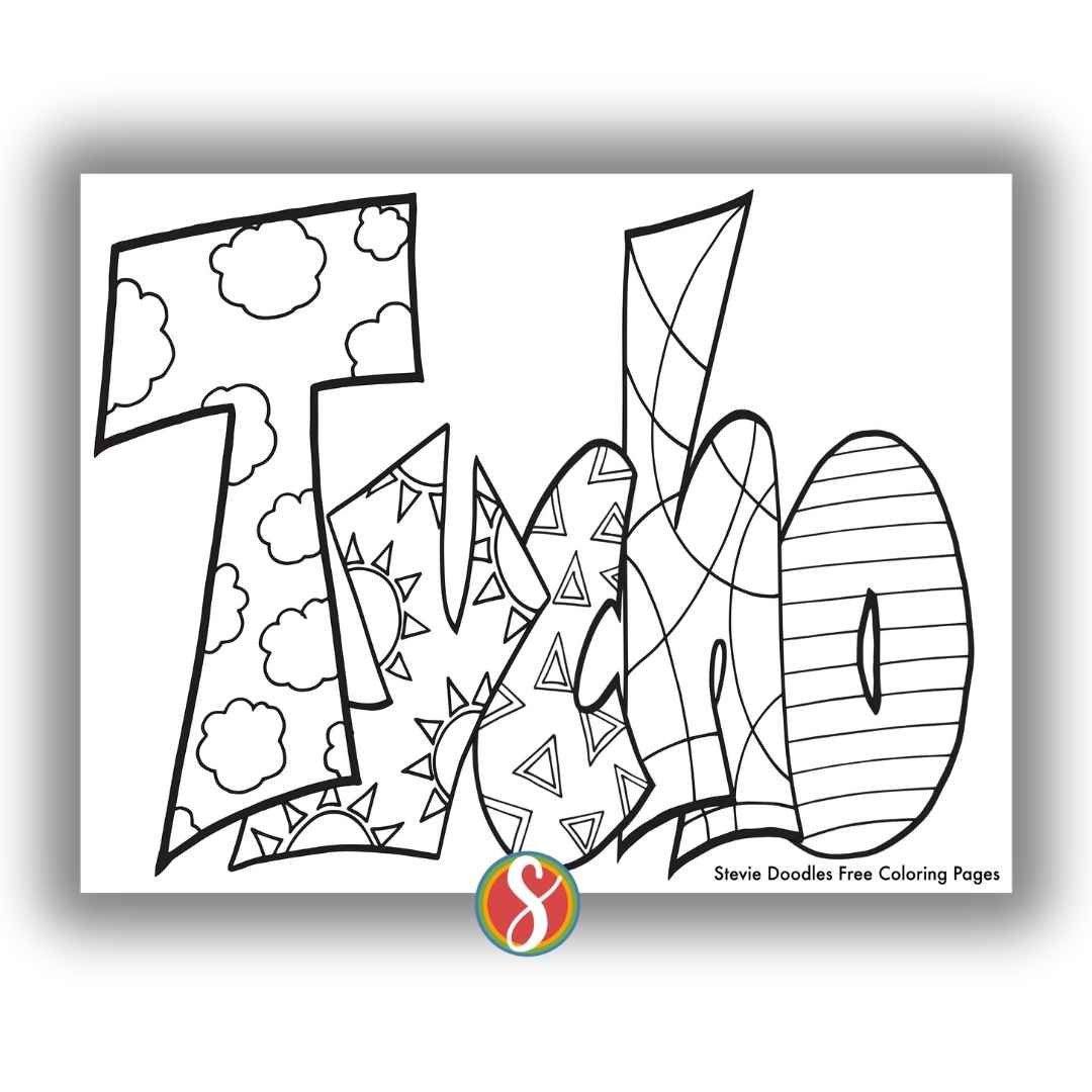bubble letters "Tycho" with doodles inside to color