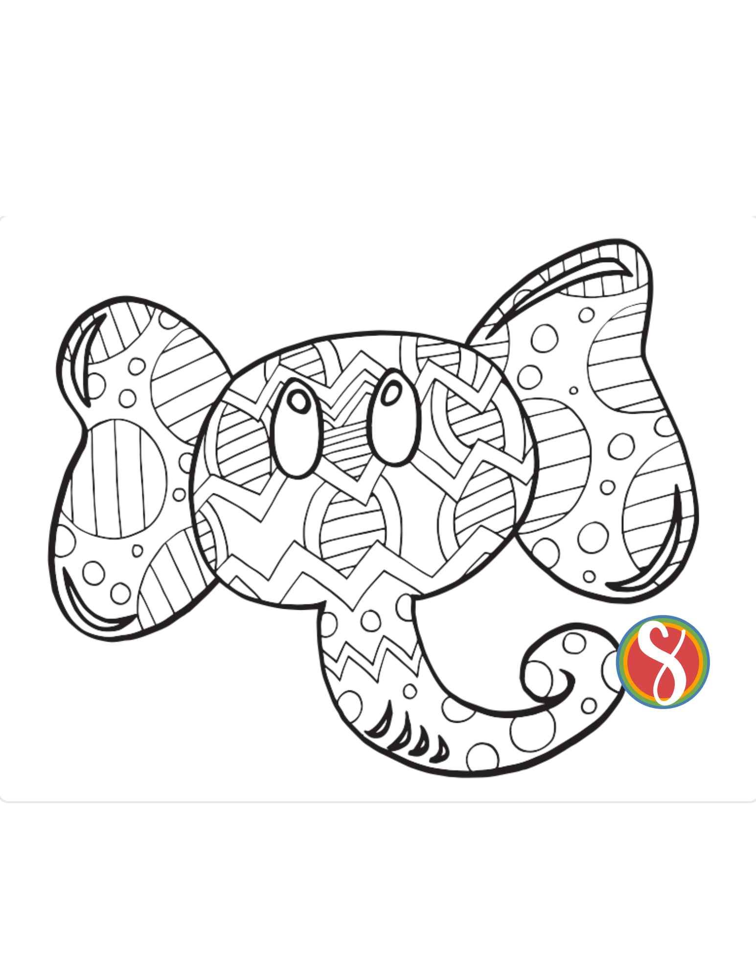 elephant color page with line art elephant head full of doodles to color