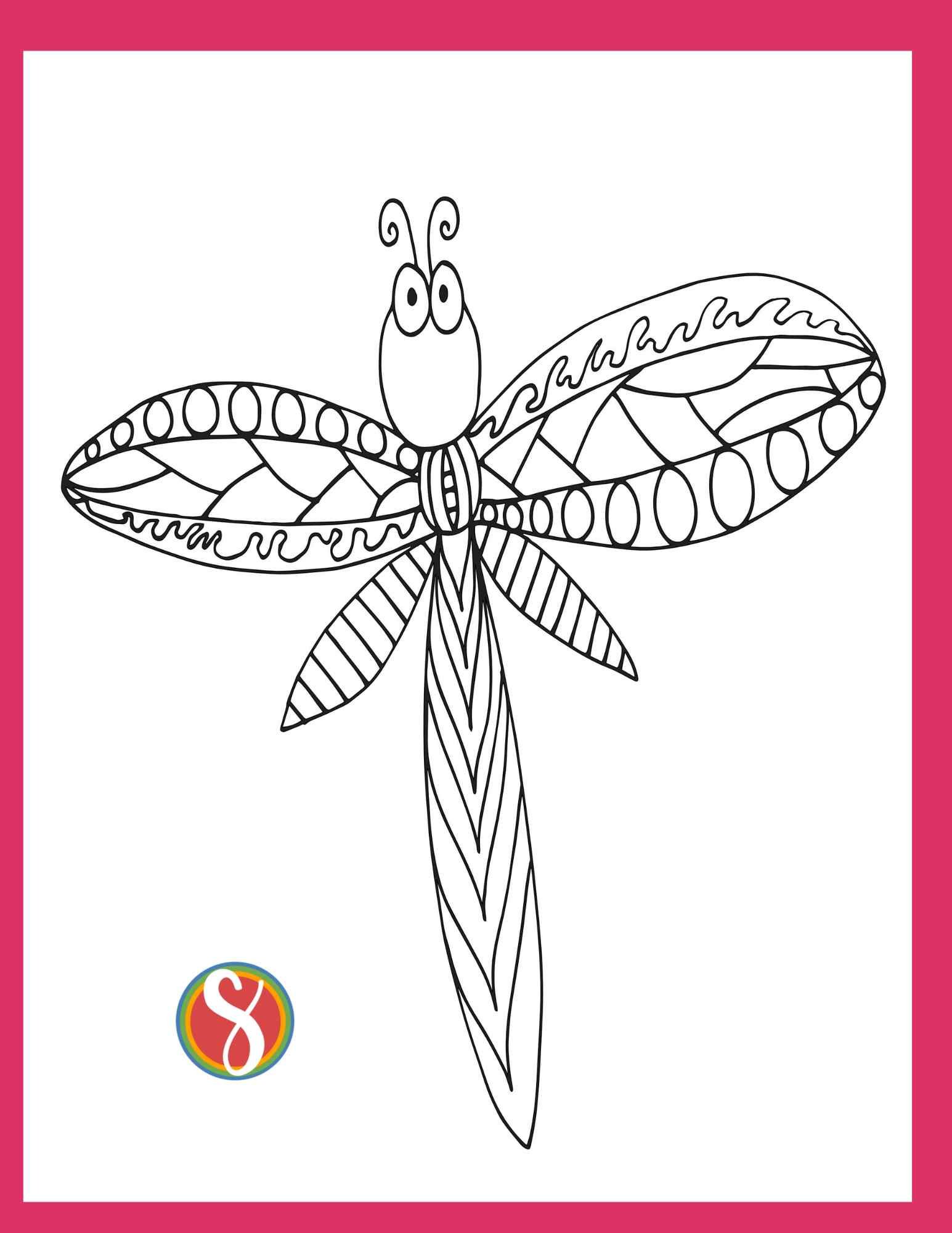 one dragonfly coloring page with bug eyes and line art to color inside the dragonfly body