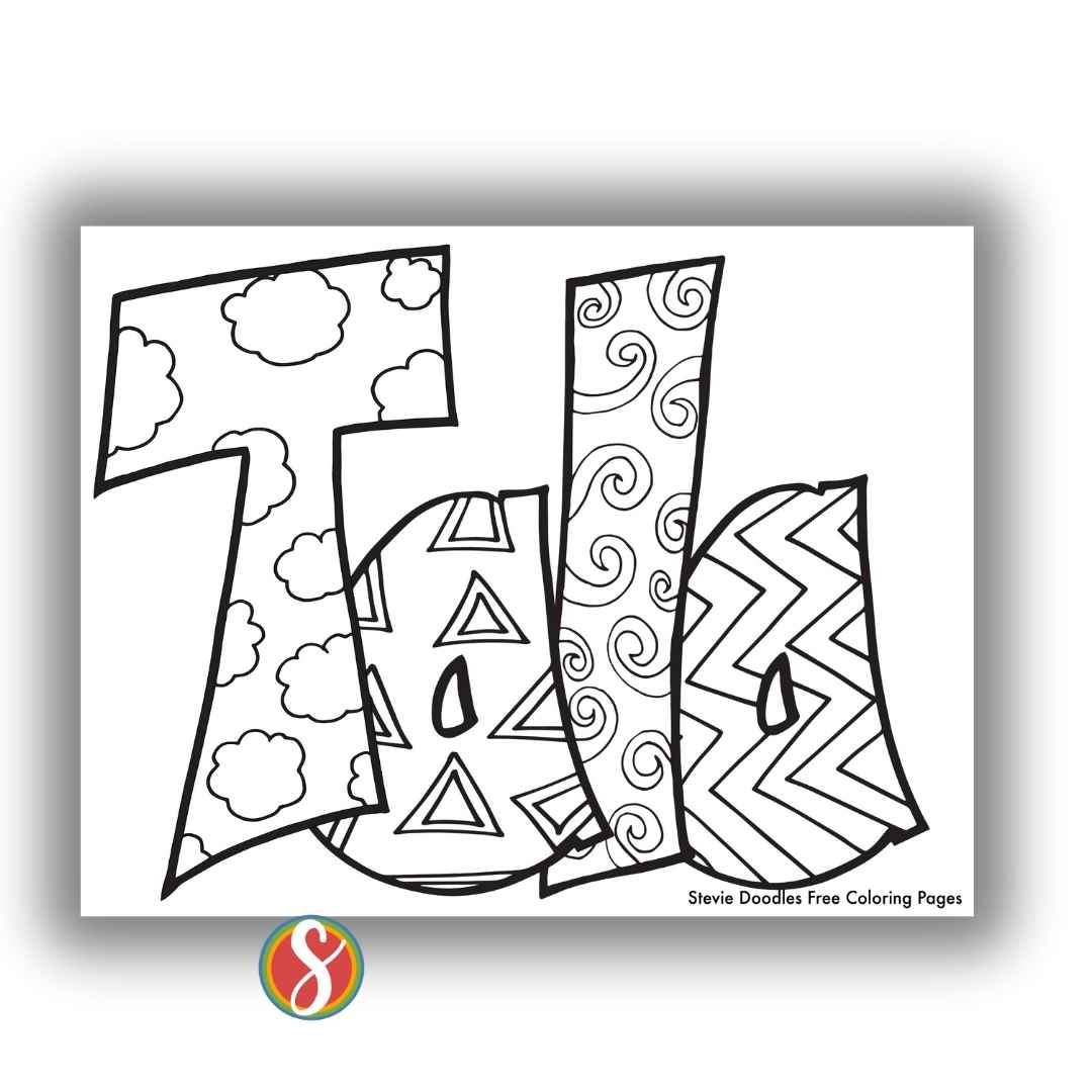 bubble letters "Tala" with doodles inside to color