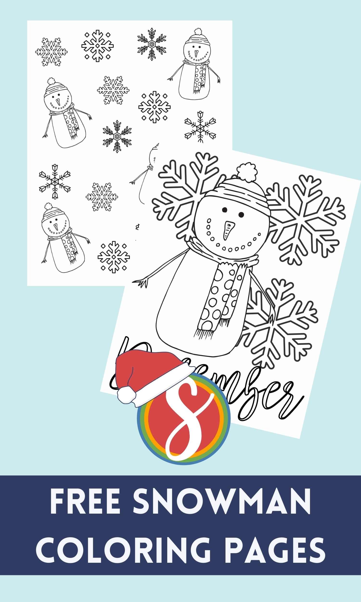 2 snowmen coloring pages on a light blue background