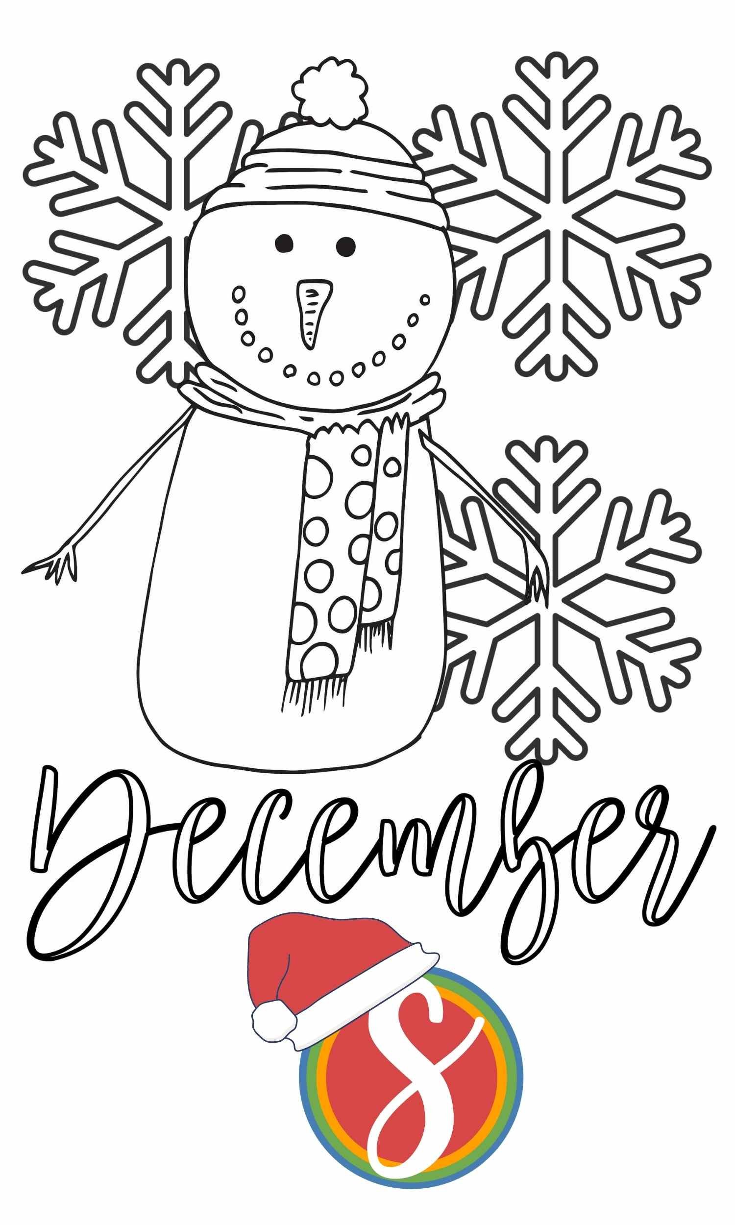snowman to color with snowflakes in the background and colorable word "December"