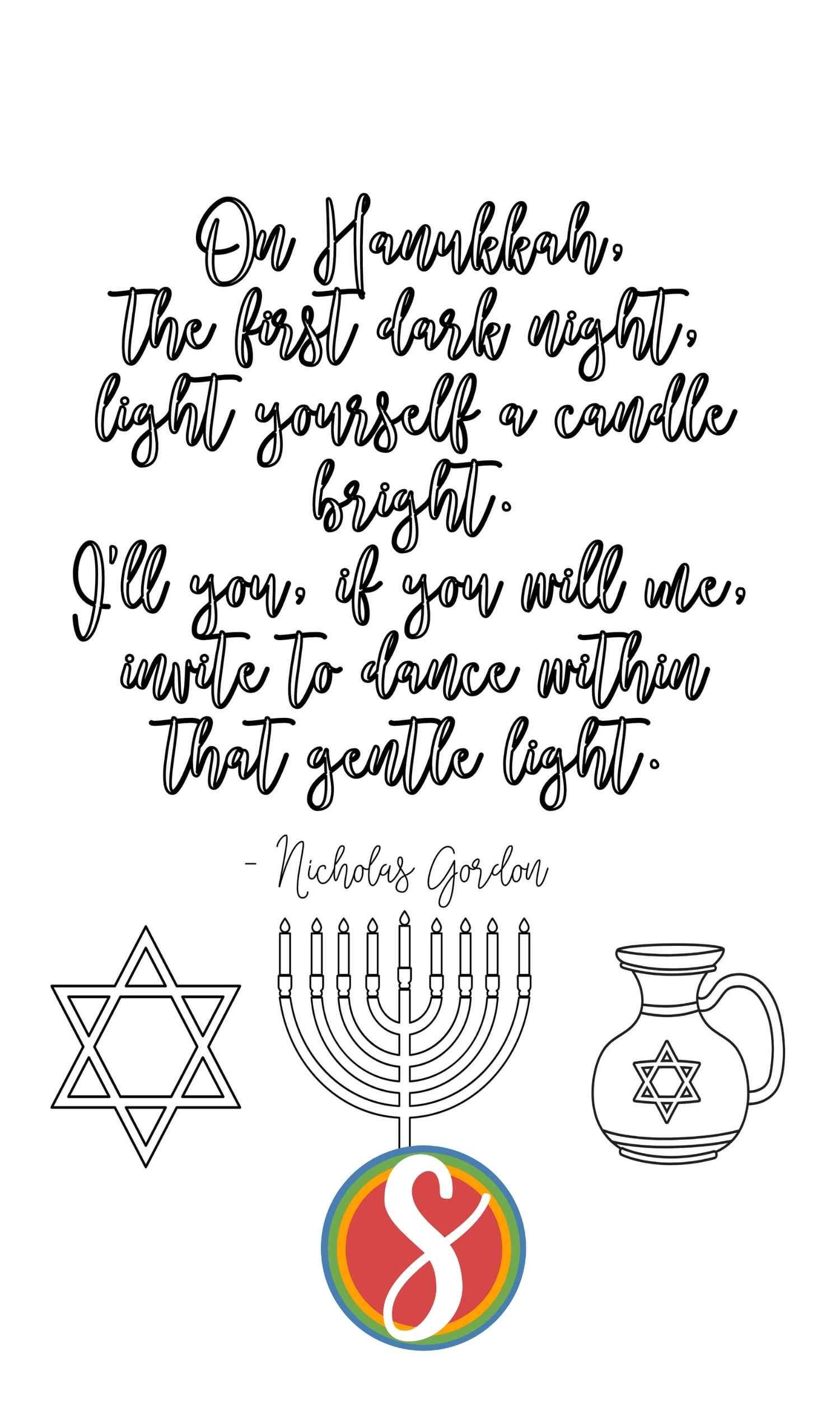 hanukkah coloring page star of david, menorah, oil jug