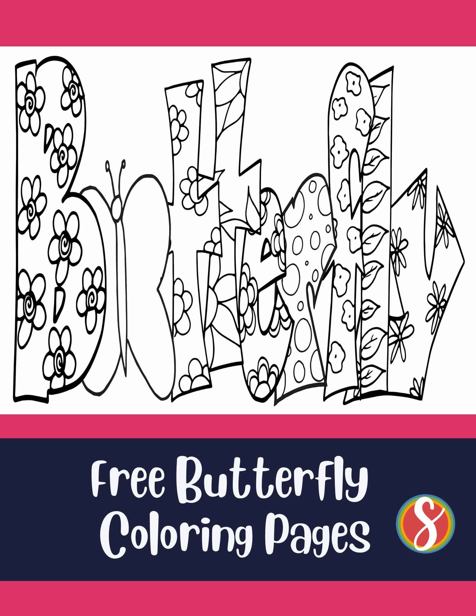 bubble letters "Butterfly" with flower doodle inside each letter to color
