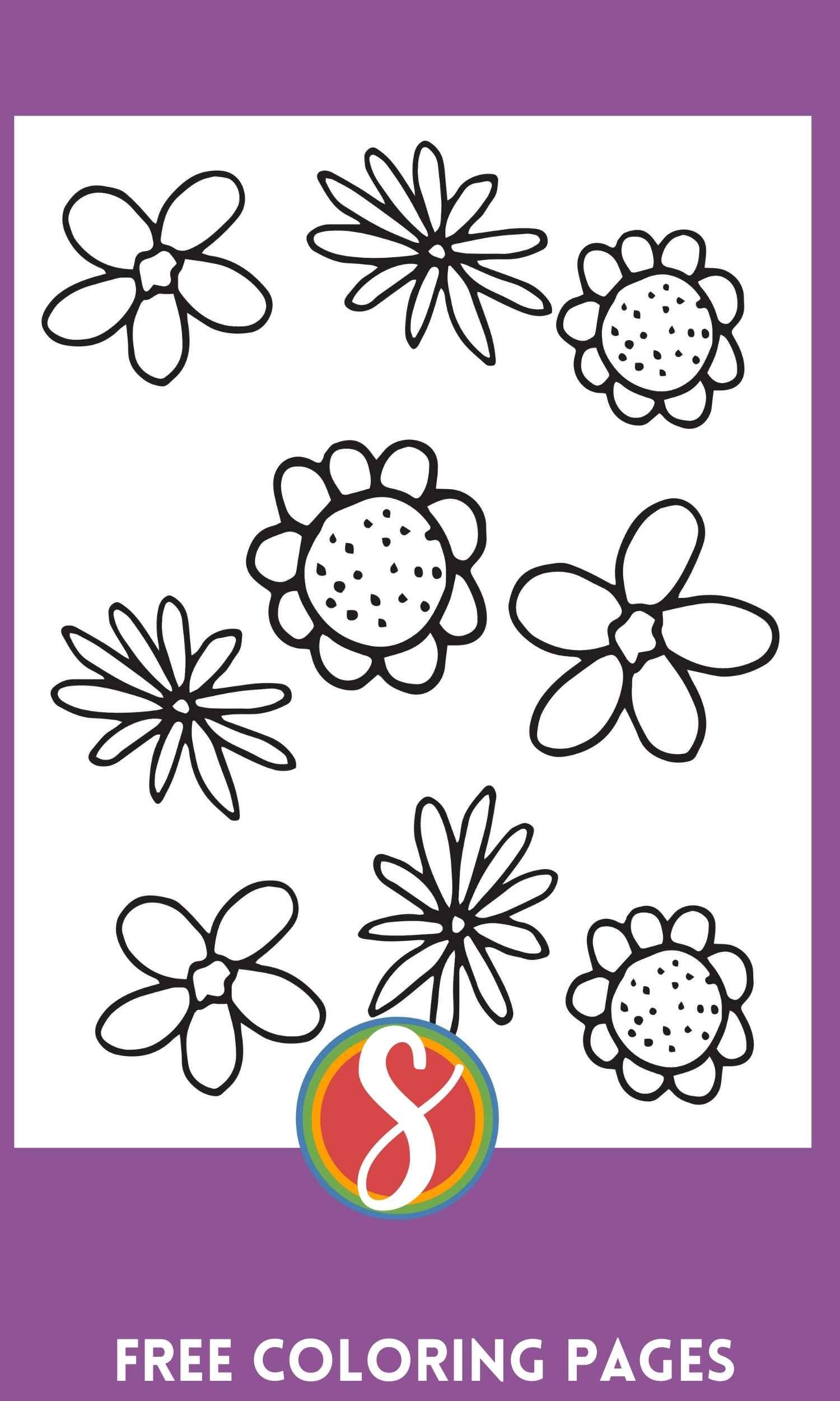 10 simple flowers spread around a flower coloring page