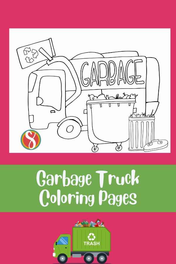 coloring page garbage truck lifting trash can into truck bed