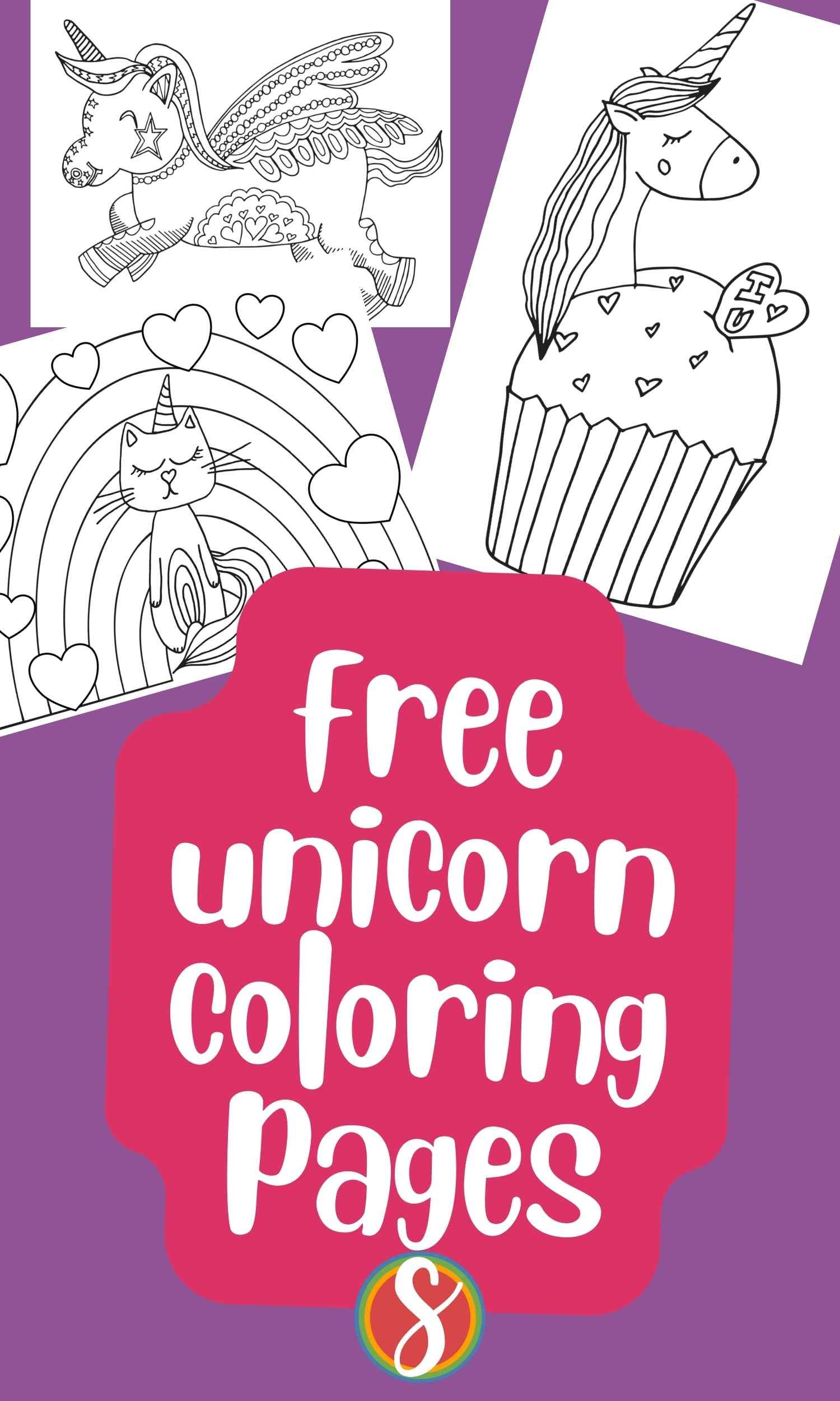 collage of 3 unicorn coloring pages