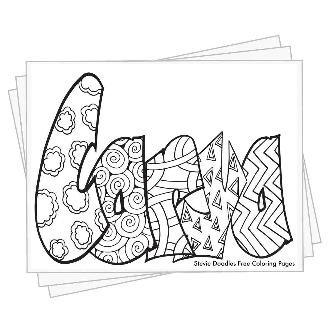 bubble letters "Carya" with doodles inside to color