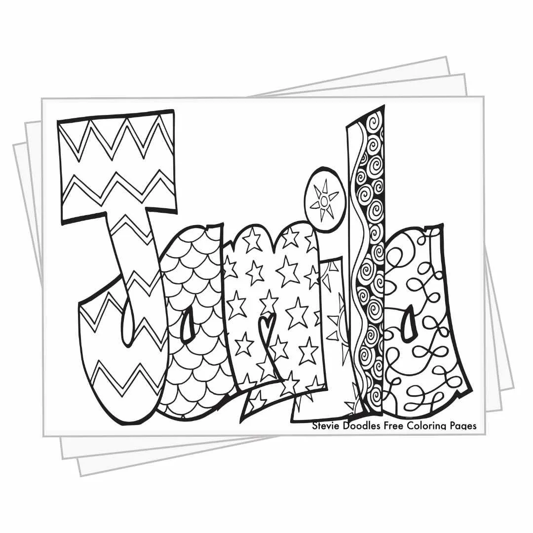 bubble letters "Jamila" with doodles inside to color