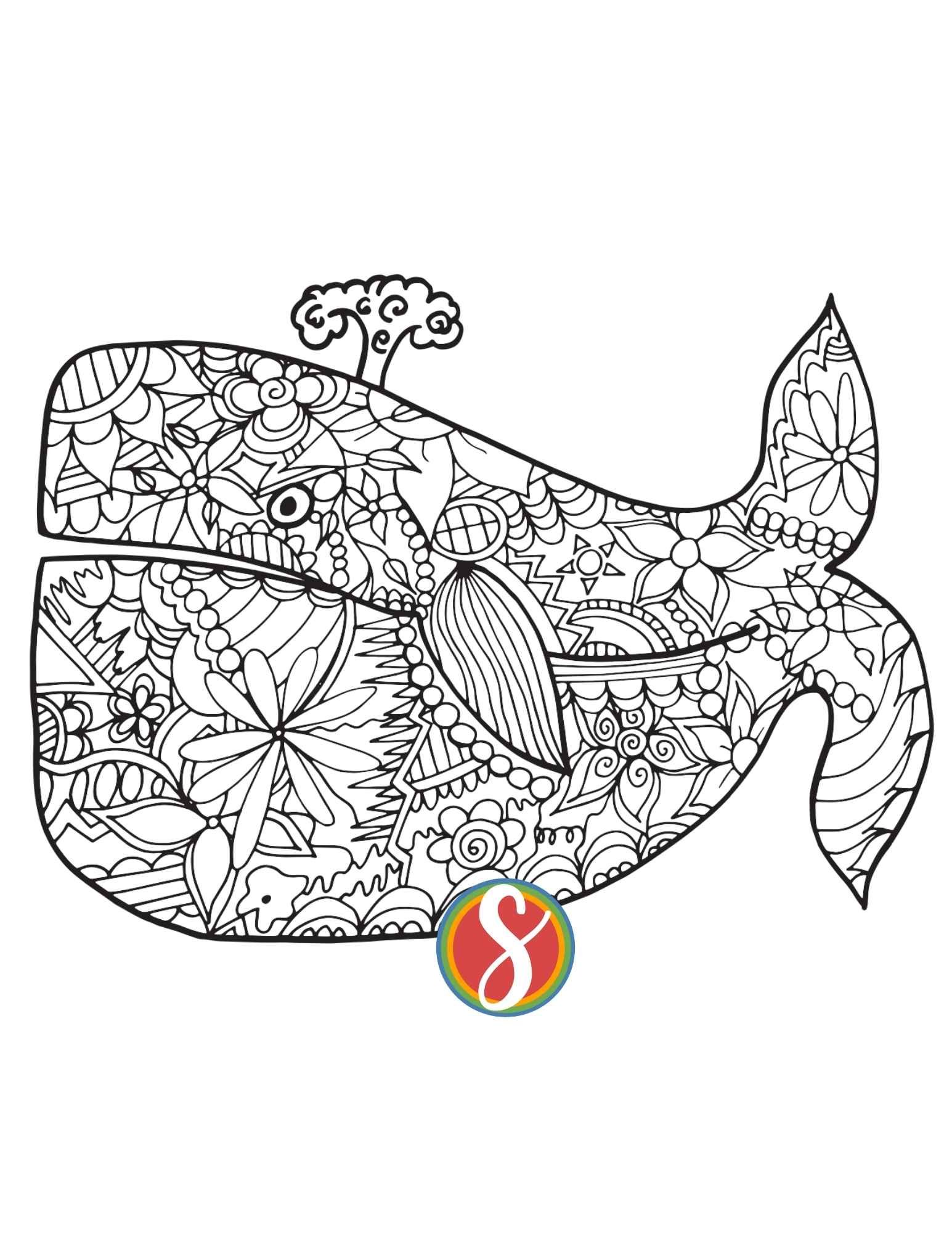 Blue whale coloring page with a bunch of doodles inside to color