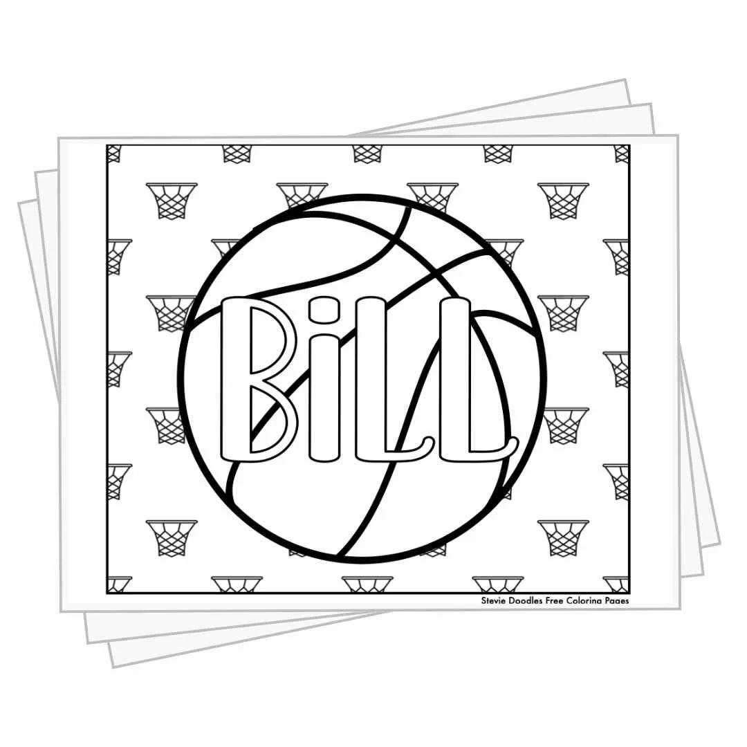 bubble letters "Bill" in front of basketball elements to color
