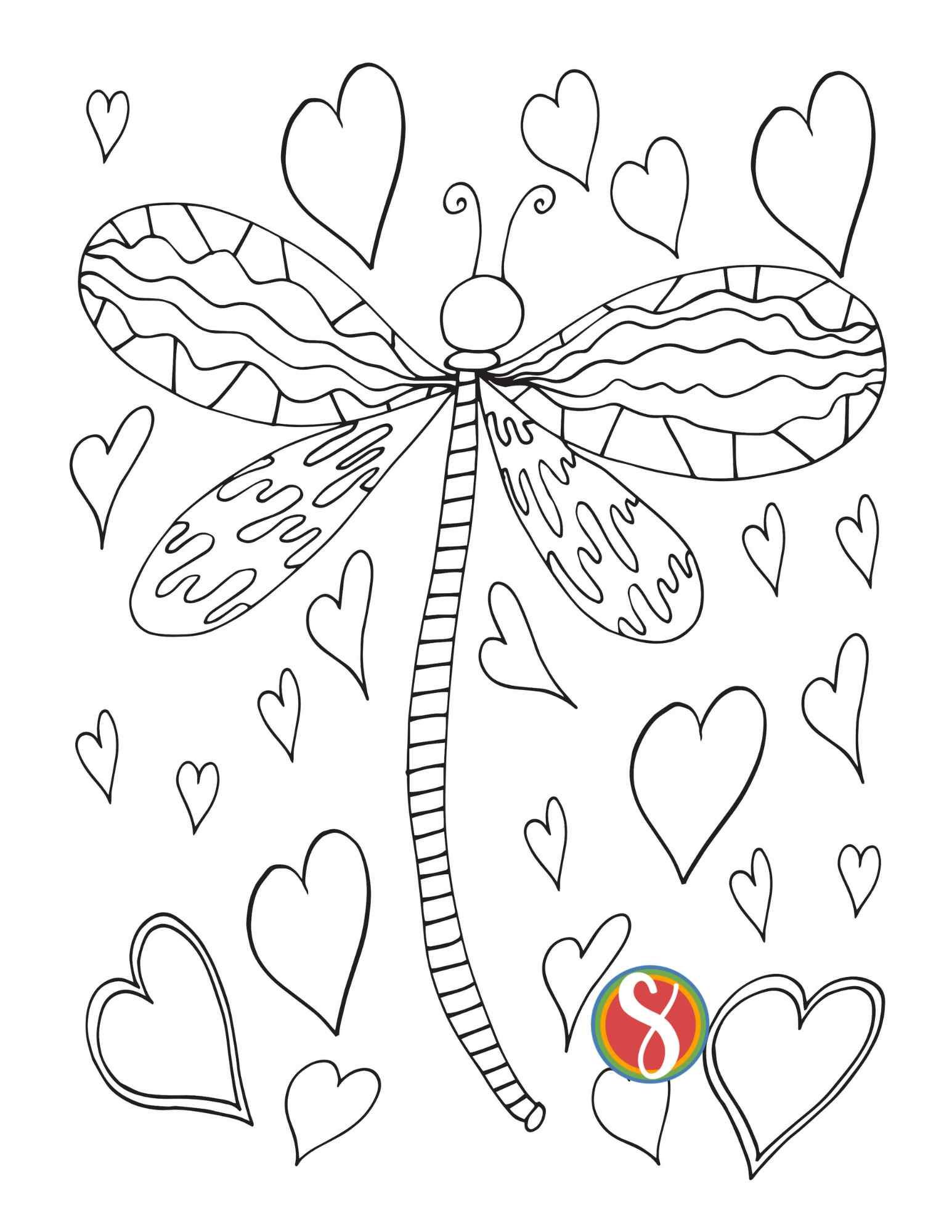 dragonfly full of doodles and surrounded by hearts as a coloring page