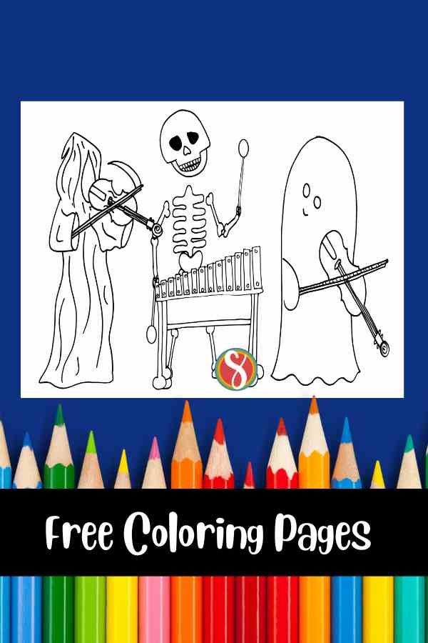 coloring page with a grim reaper playing violin, a skeleton playing xylophone, a ghost playing violin