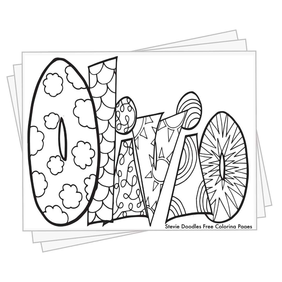 bubble letters "Olivio" with doodles inside to color