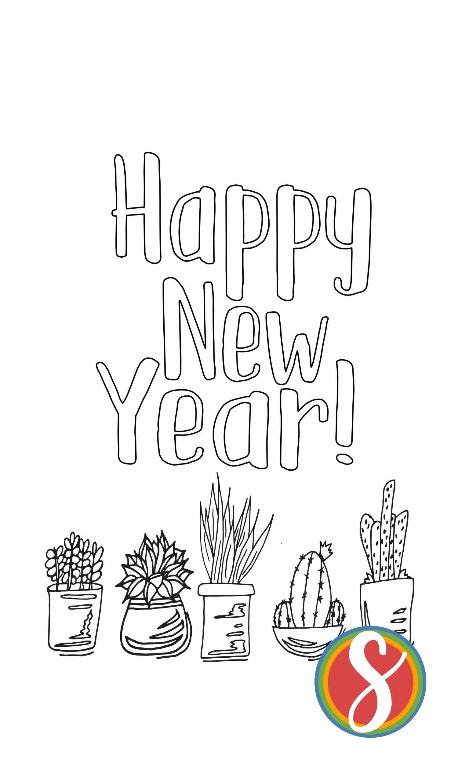 line of colorable succulents underneath colorable text "Happy New Year!"