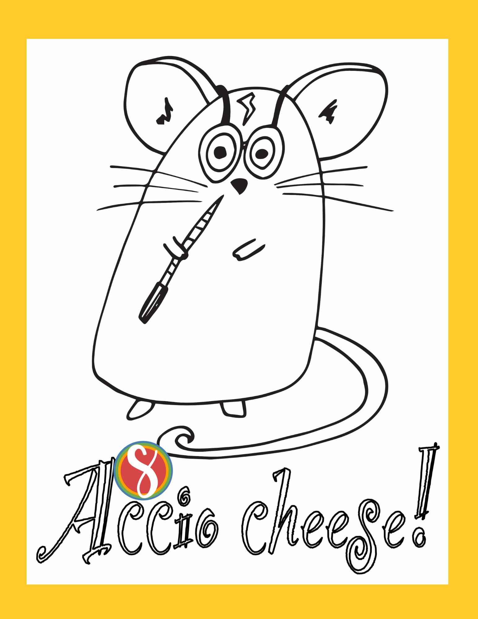 a cute mouse to color, wearing Harry Potter glasses, a lightening scar, a wand, and colorable text "Accio cheese"