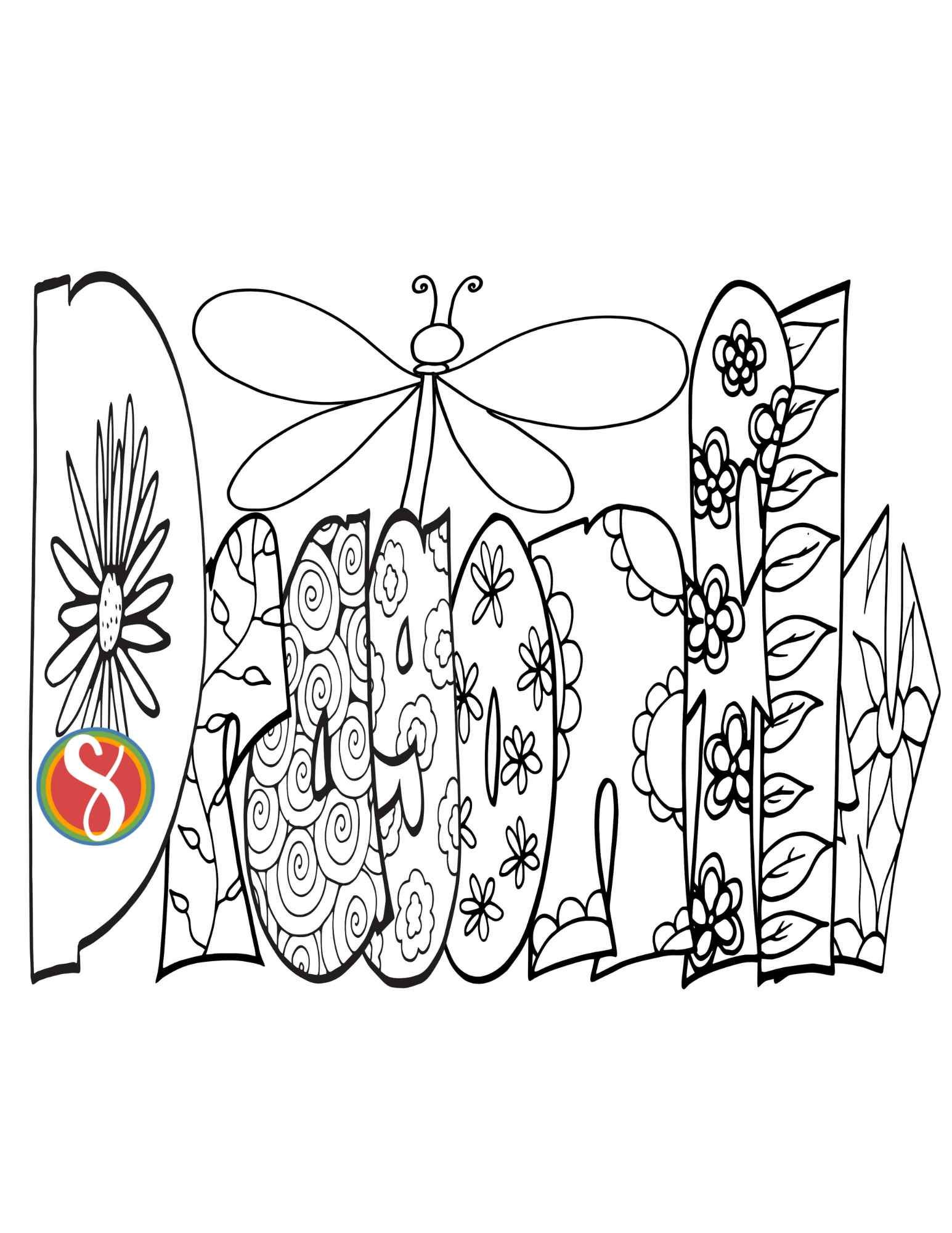dragonfly coloring page "dragonfly" in bubble letters with flowers inside each letter to color