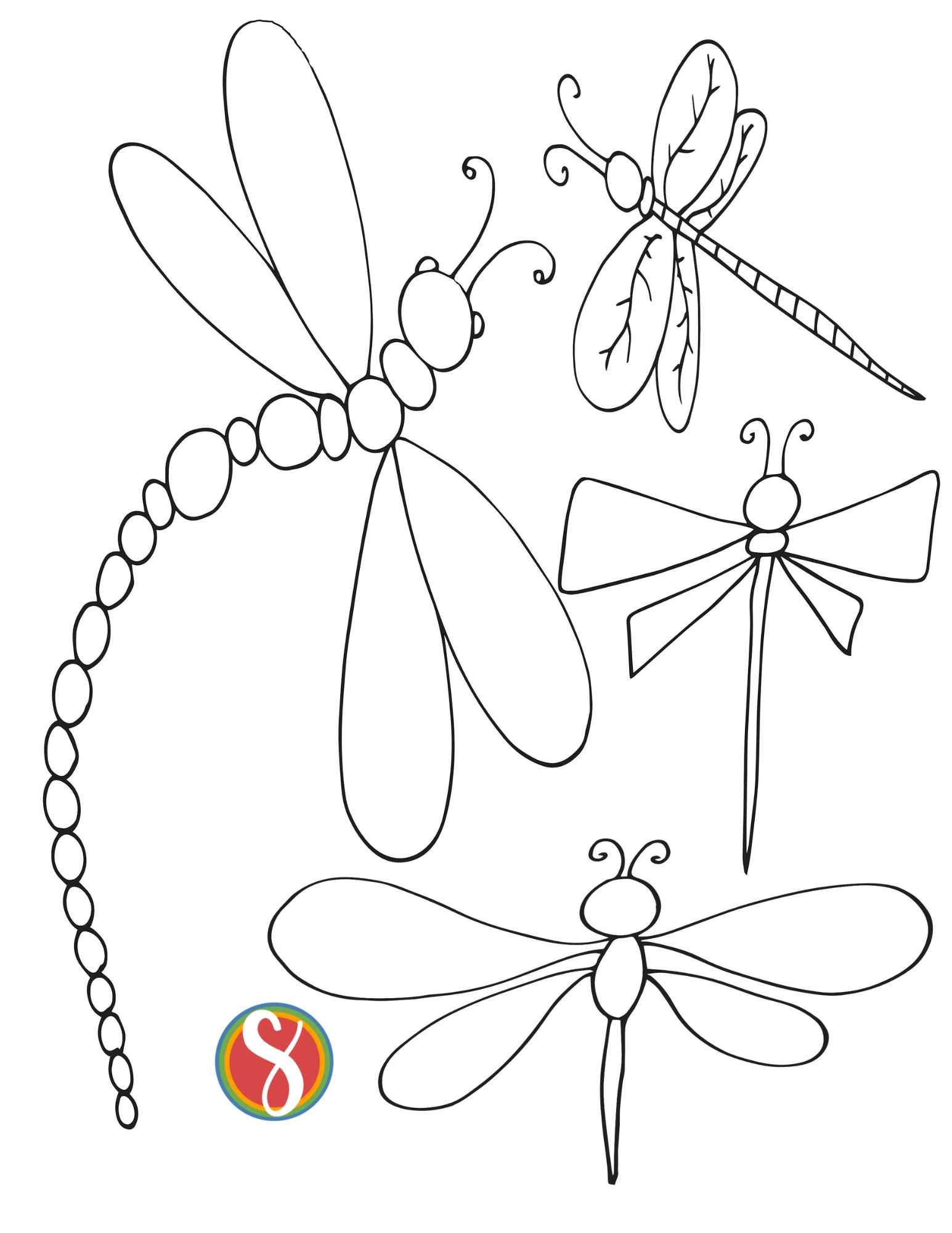 simple dragonfly coloring page, 4 outlines of dragonflies to color