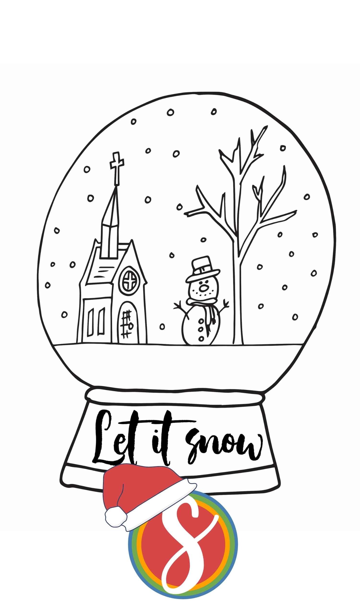 colorable snow globe with a little church, snowman, and tree inside