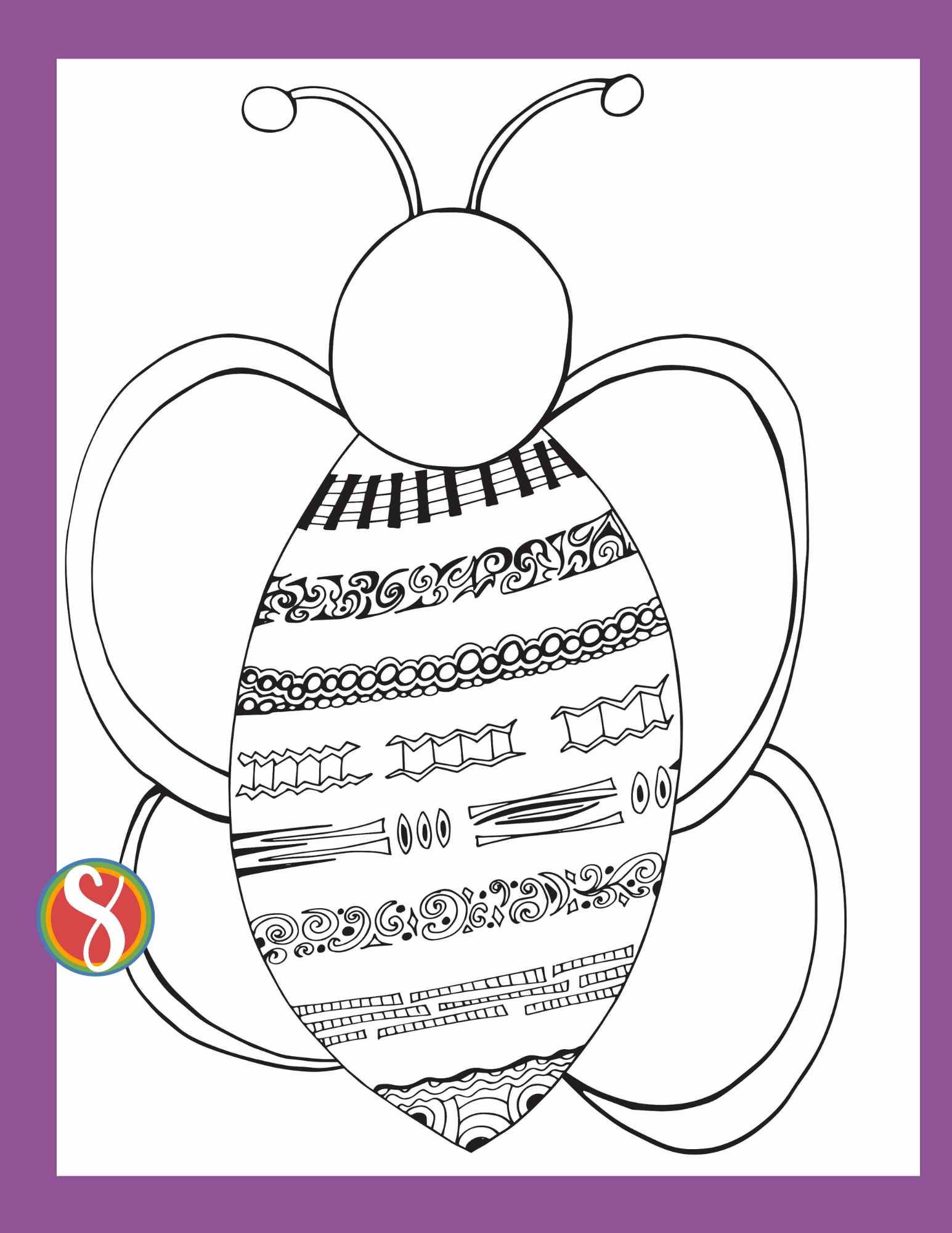 A large line drawing of a bee, with stripes of doodles in between blank stripes. The bee coloring page sits on a purple background