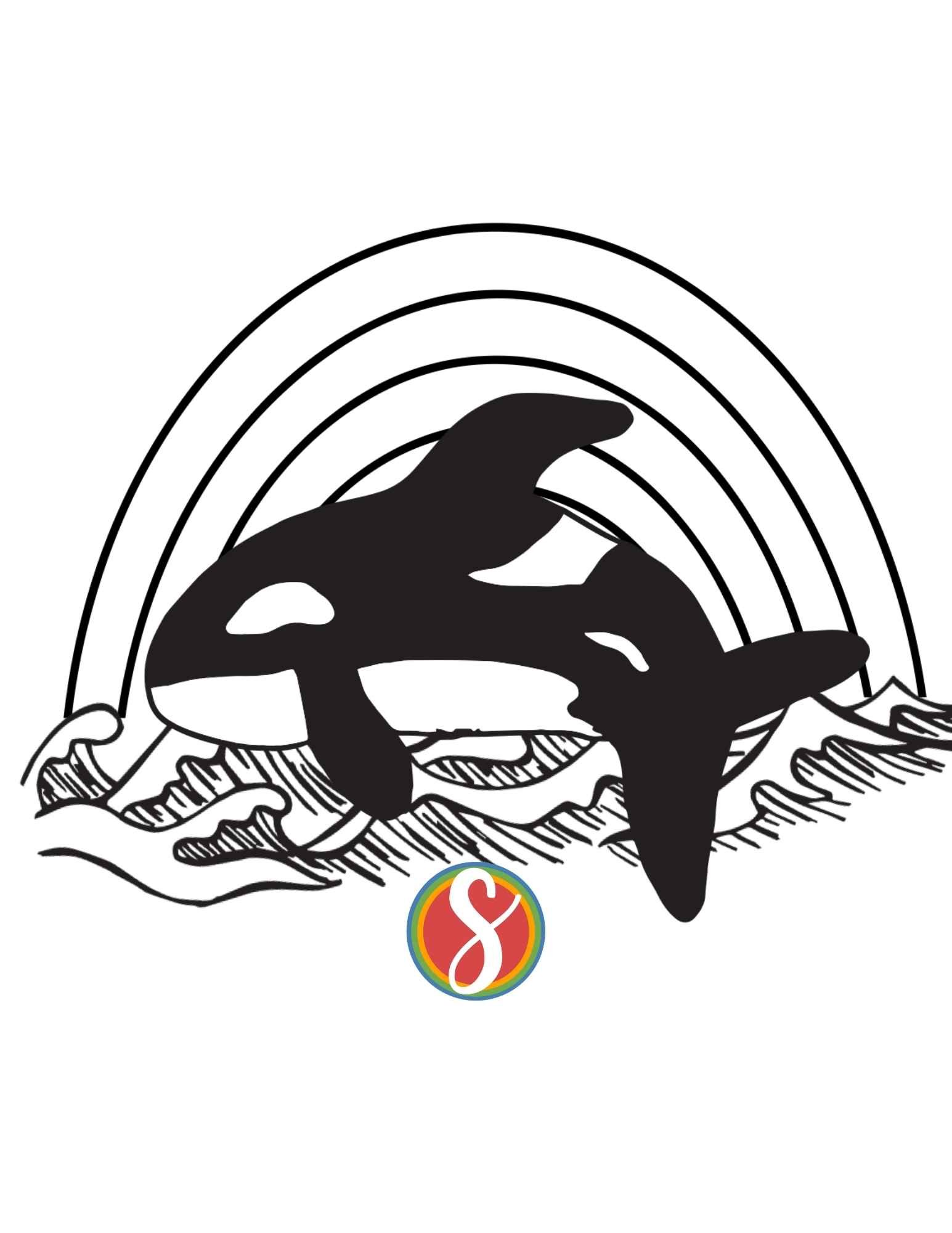 a jumping orca coloring page with a rainbow background