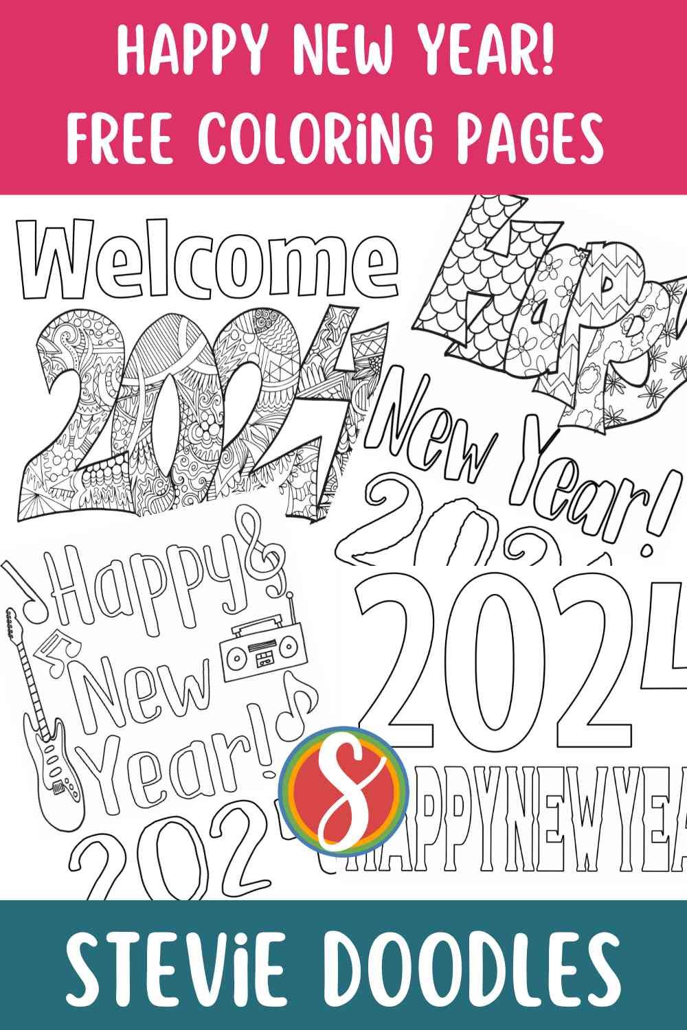 collage of happy new years 2024 coloring pages