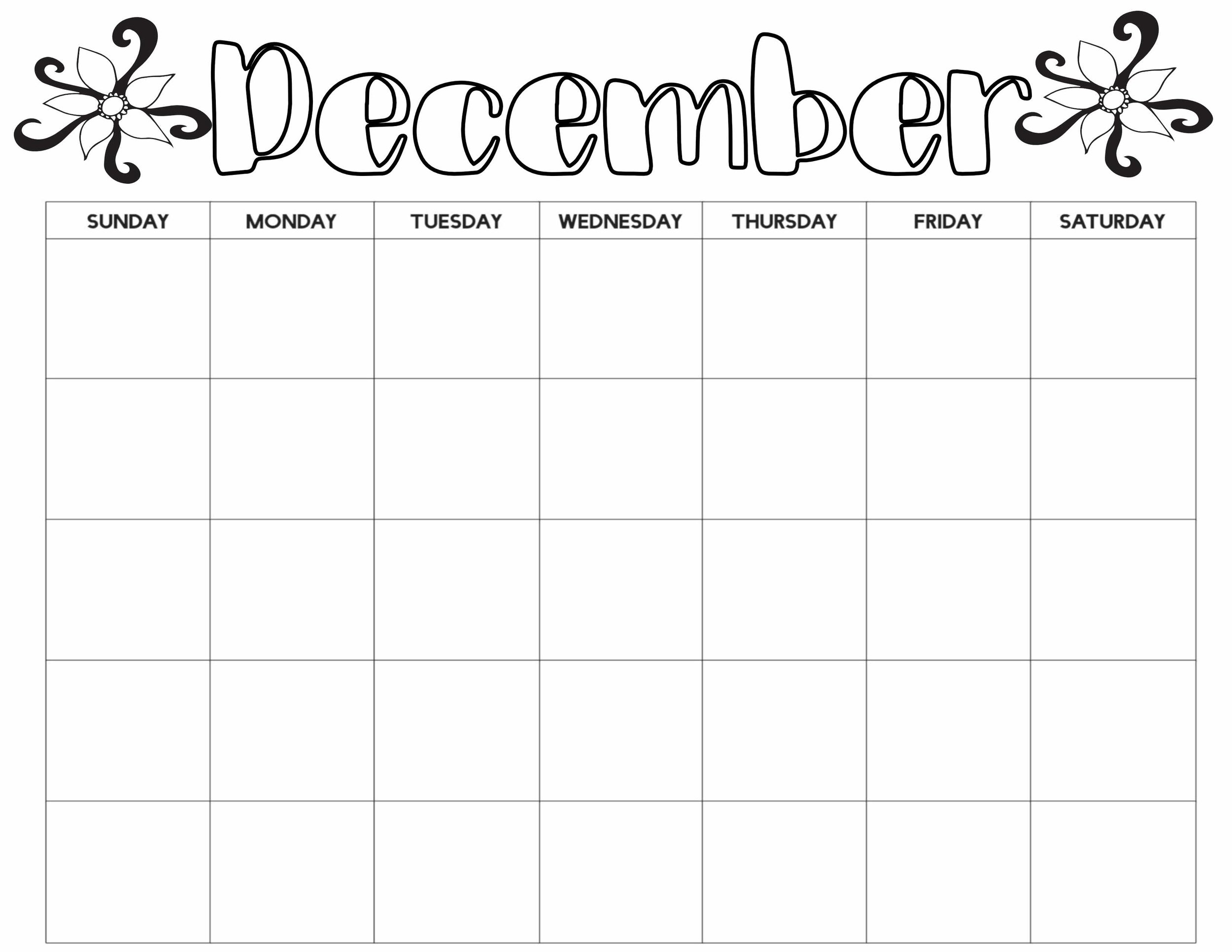colorable word "December" with flowers on either side above a blank one month calendar