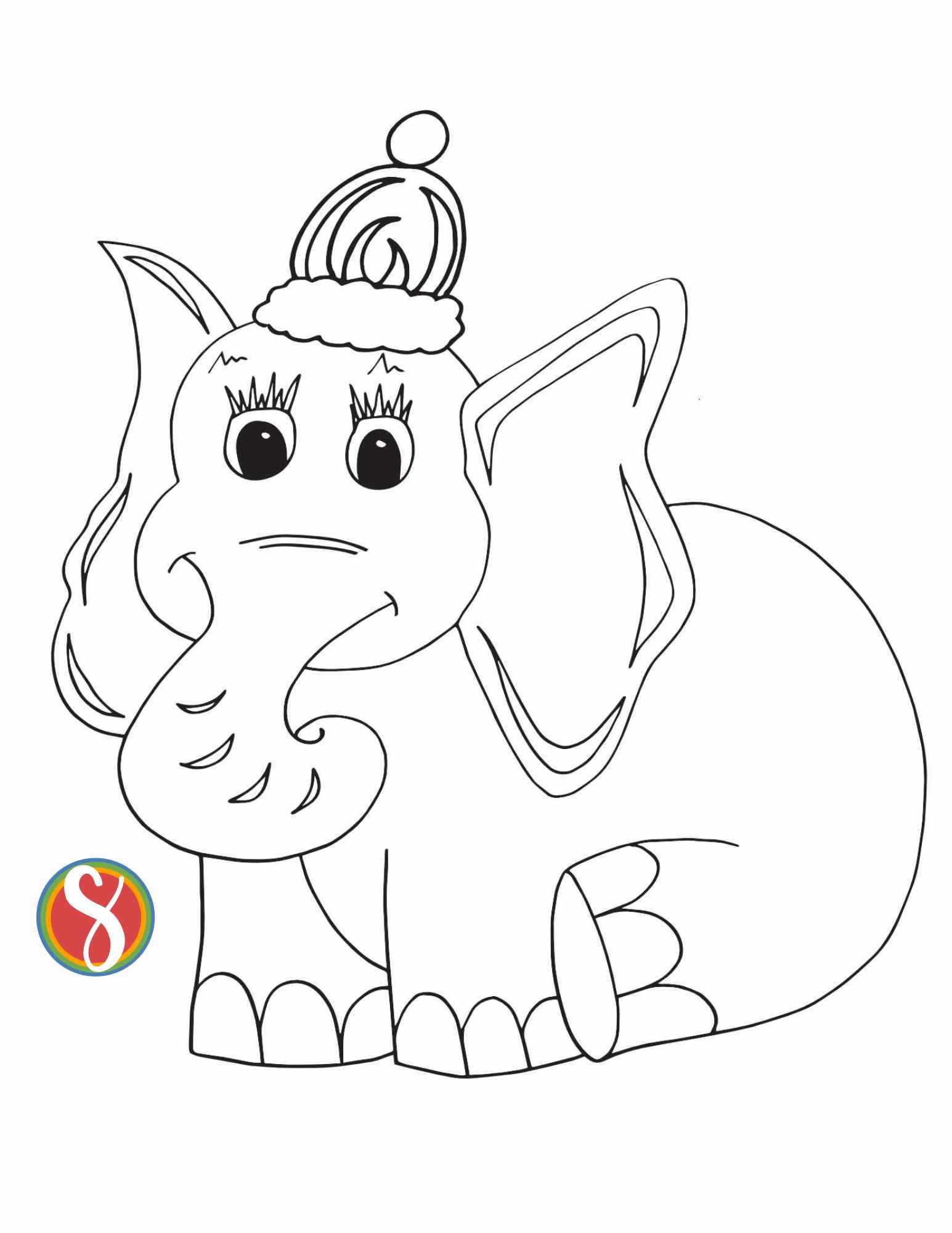 plain elephant coloring page, a line drawn elephant wears a christmas hat