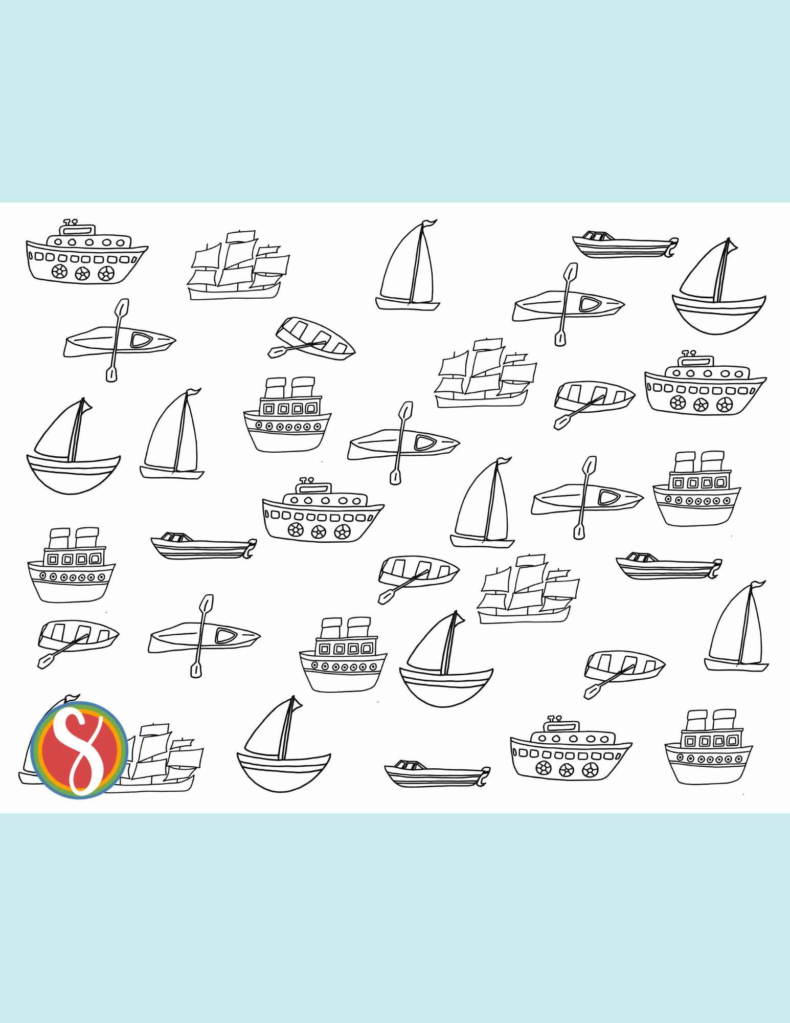 a boat coloring page with a bunch of tiny images of boats to color