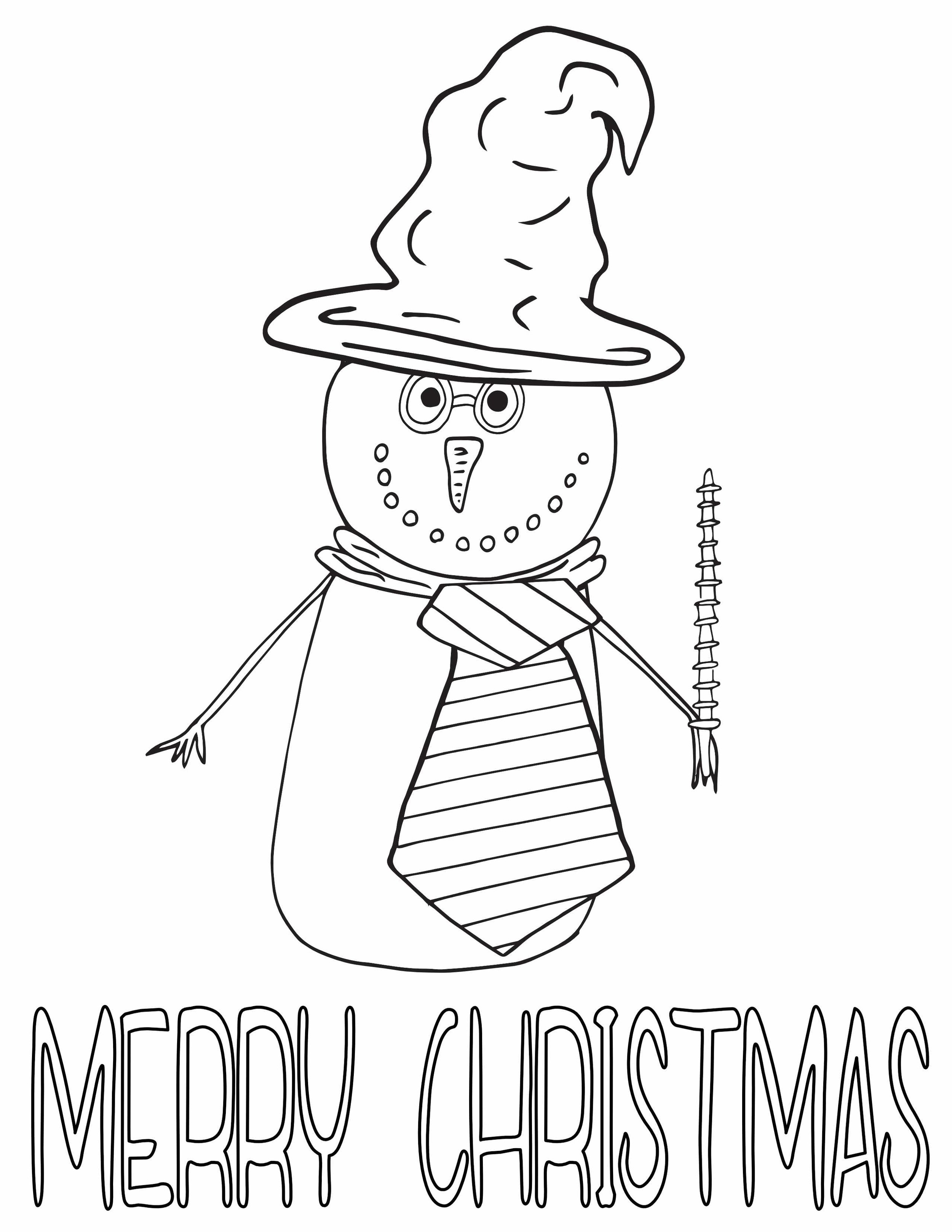 snowman with hogwarts hat, scarf, and wand, colorable text "Merry Christmas"