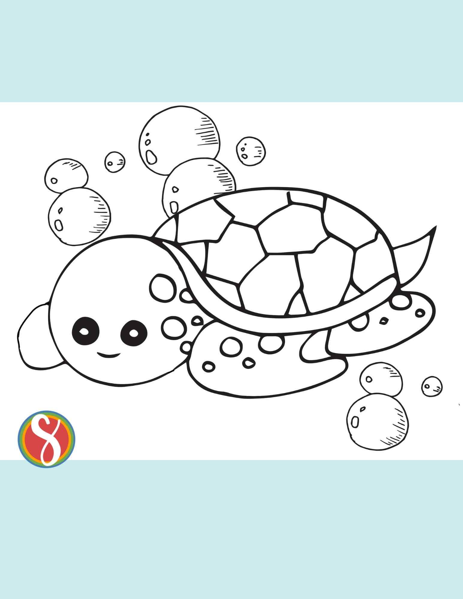 a simple, cartoonish turtle drawing coloring page with a background of bubbles