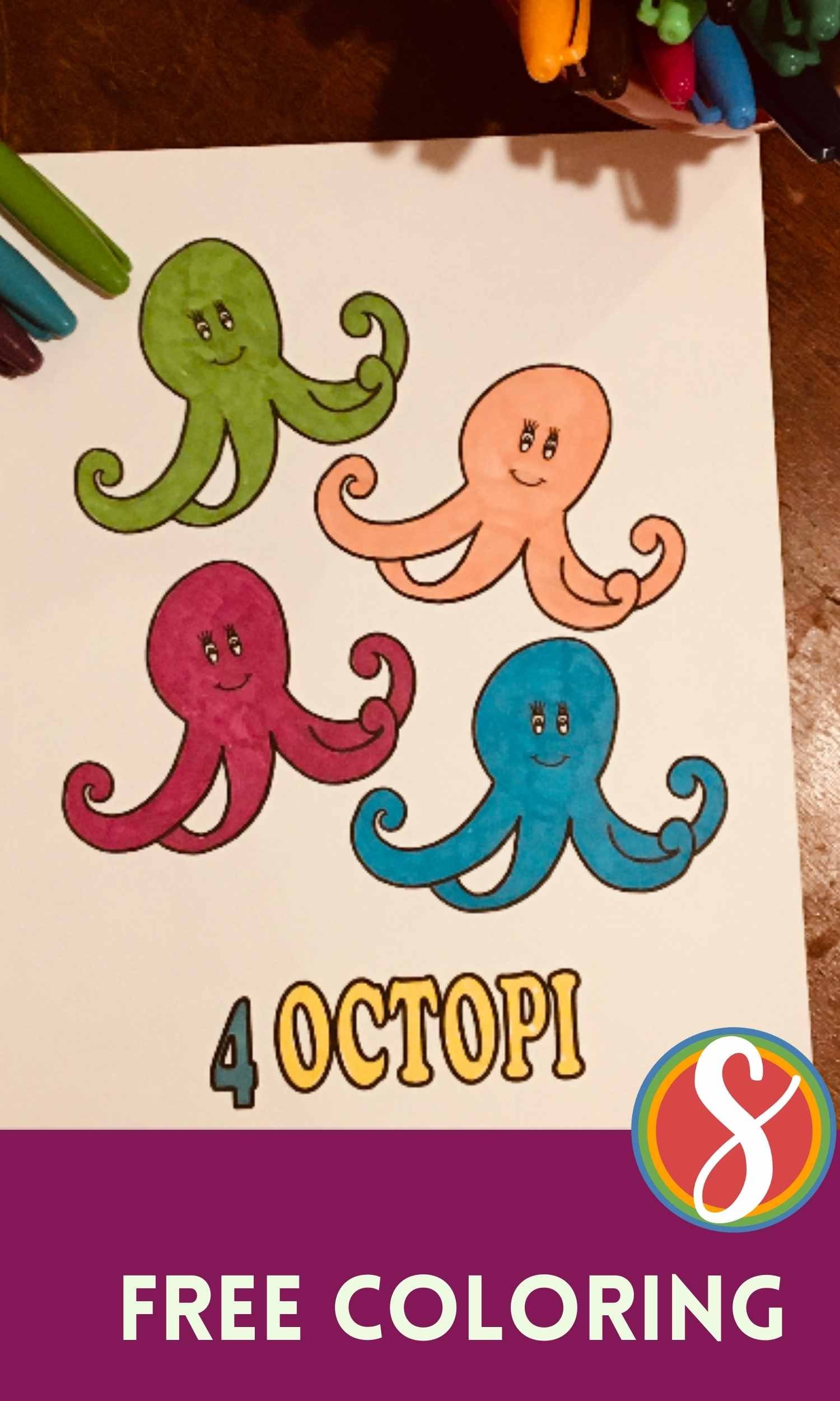 a colored coloring page with 4 simple octopuses, one green, one  orange, one magenta, one blue