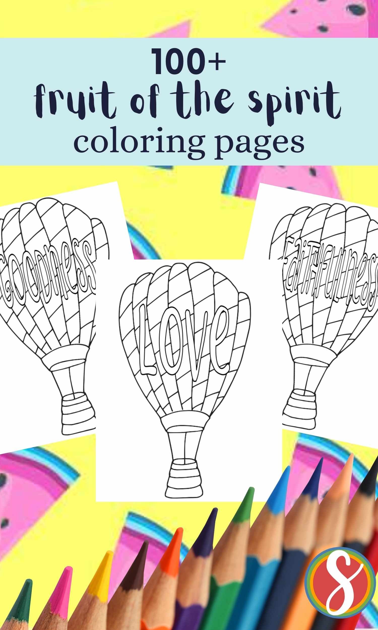 a collage of fruit of the spirit coloring pages, each fruit is in colorable letters over a colorable hot air balloon