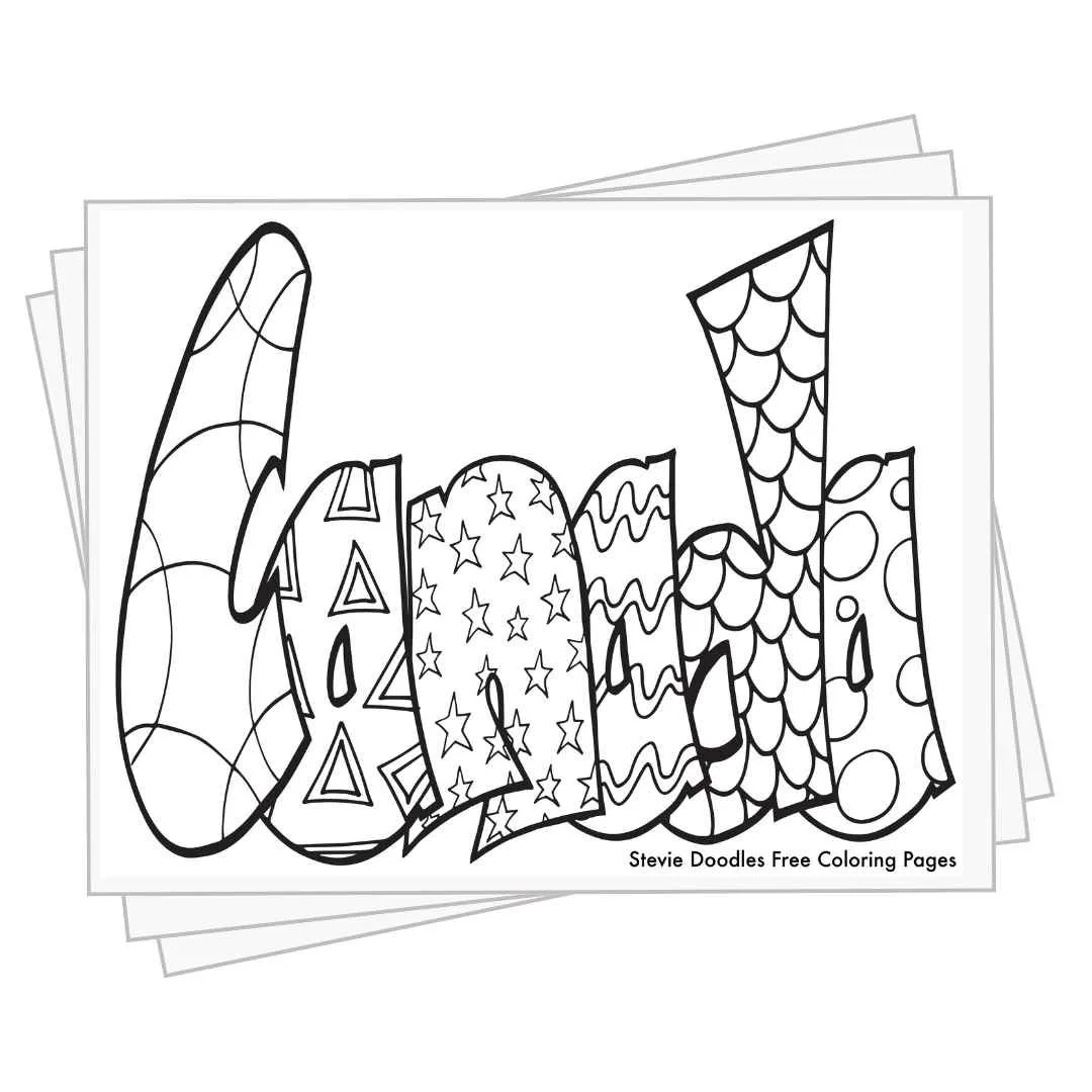 bubble letters "Canada" with doodles inside to color